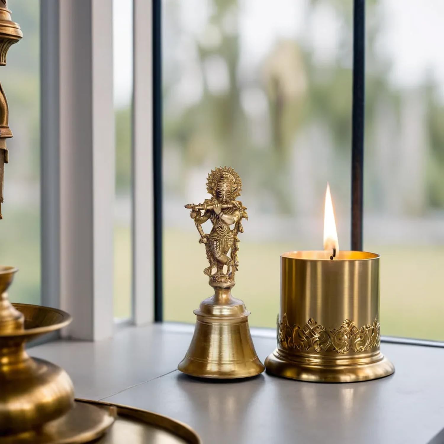 Kartique Brass Hand Bell with Krishna Playing Flute Gold Color Gold Color Height 6.75 Inch