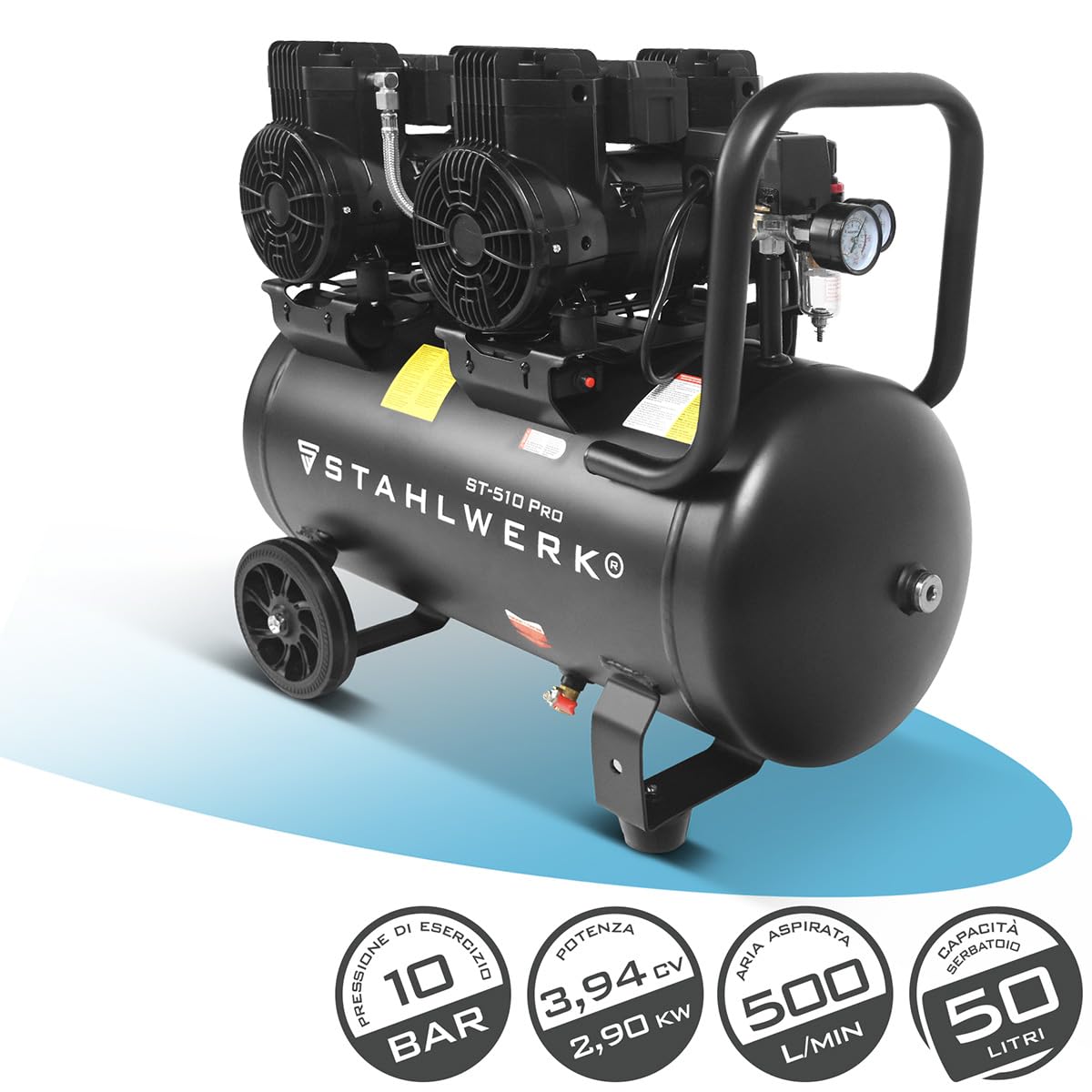 STAHLWERK Compressore con serbatoio da 50 L (ST-510 Pro) – senza olio & silenzioso, 10 bar, compressore d'aria con motori brushless, 3,94 CV, 2,9 kW, 500 l/min, compressore a pistoni silenzioso