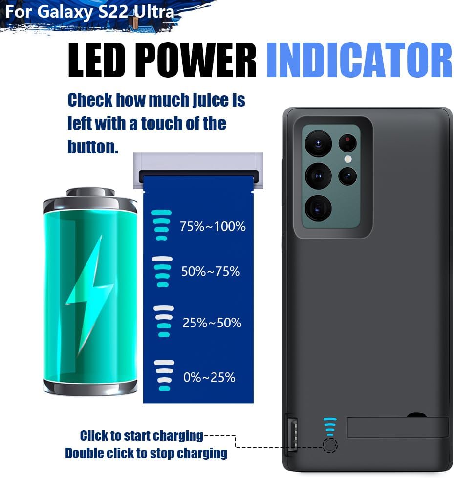 Battery Case for Samsung Galaxy S22 Ultra, 5000mAh Rechargeable Extended Battery Charging Charger Case, Add 100% Extra Juice, Not for S22 or S22+ (6.8 inch) Black