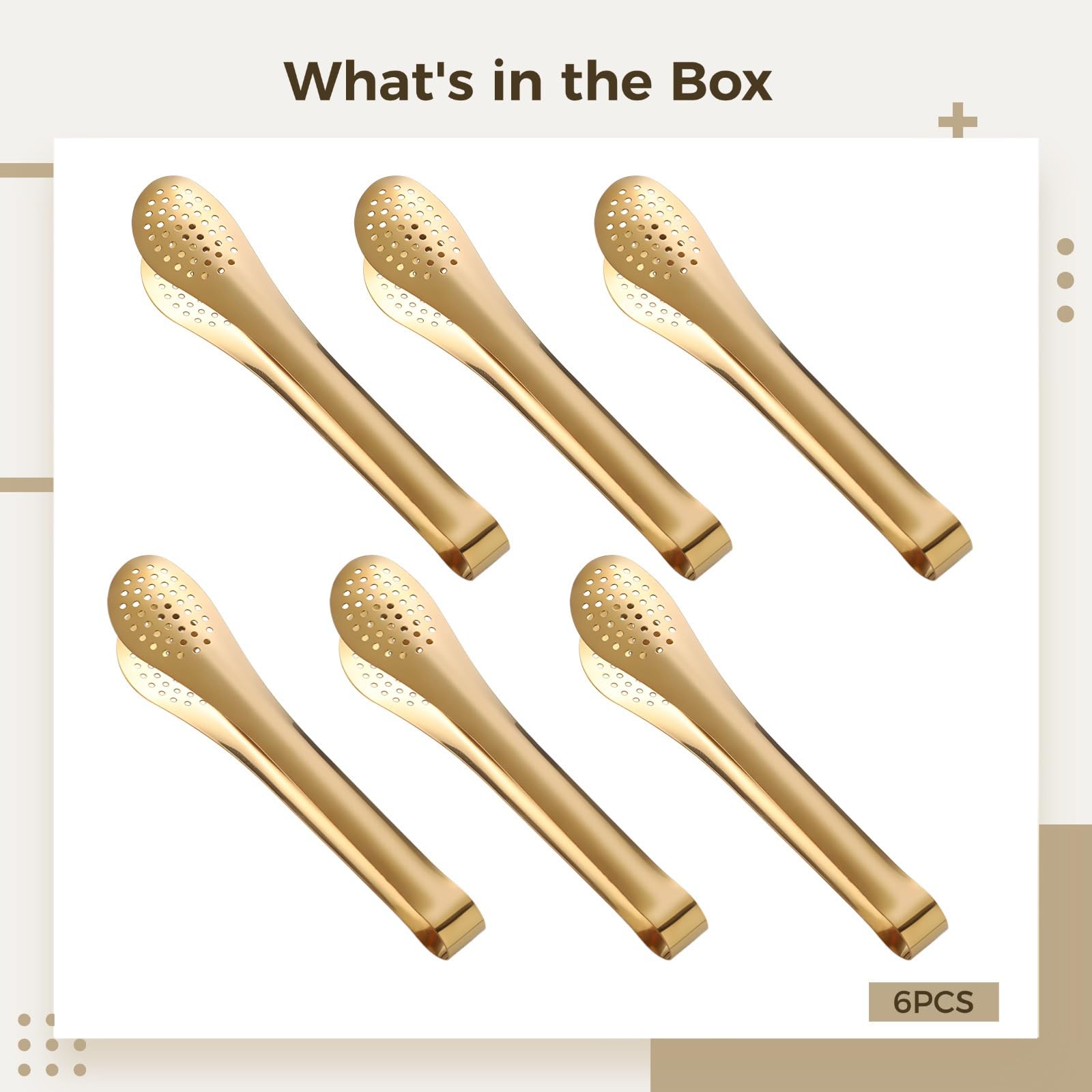 Set di 6 pinze da portata dorate, in acciaio inox, per barbecue, buffet, feste, design elegante per carne, pane e molto altro ancora