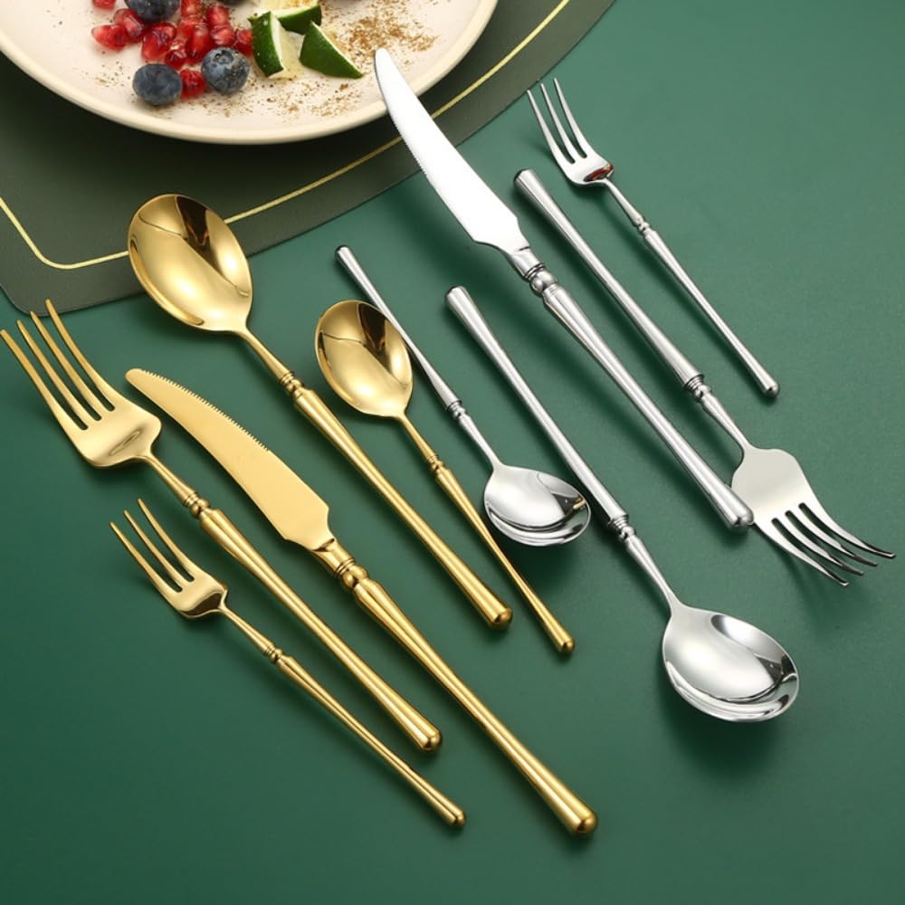 Luce Luminosa Manico Cucina Acciaio Inox Argenteria Stoviglie Posate Set Bistecca Coltello Forchetta Cucchiaio Cucchiaino (Oro,20 pezzi)