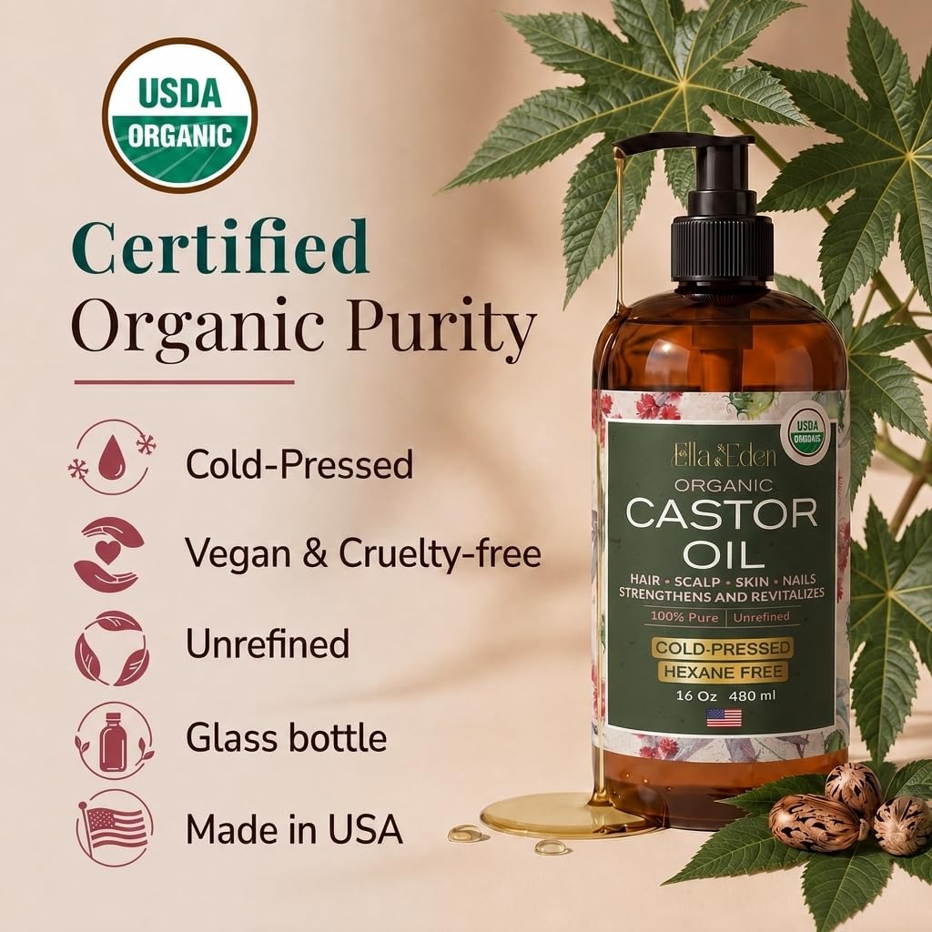 USDA Organic Castor Oil, 100% Pure Cold-Pressed Hexane-Free