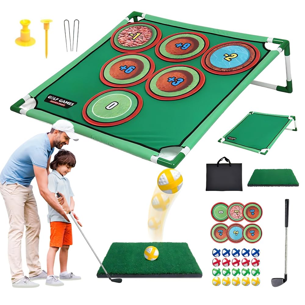 HoldOneLight Indoor Outdoor Golf Game Set with Scored Removable Rings – Hitting Mat, Putter, 20 Balls & Carry Bag for Home, Garden & Beach Play