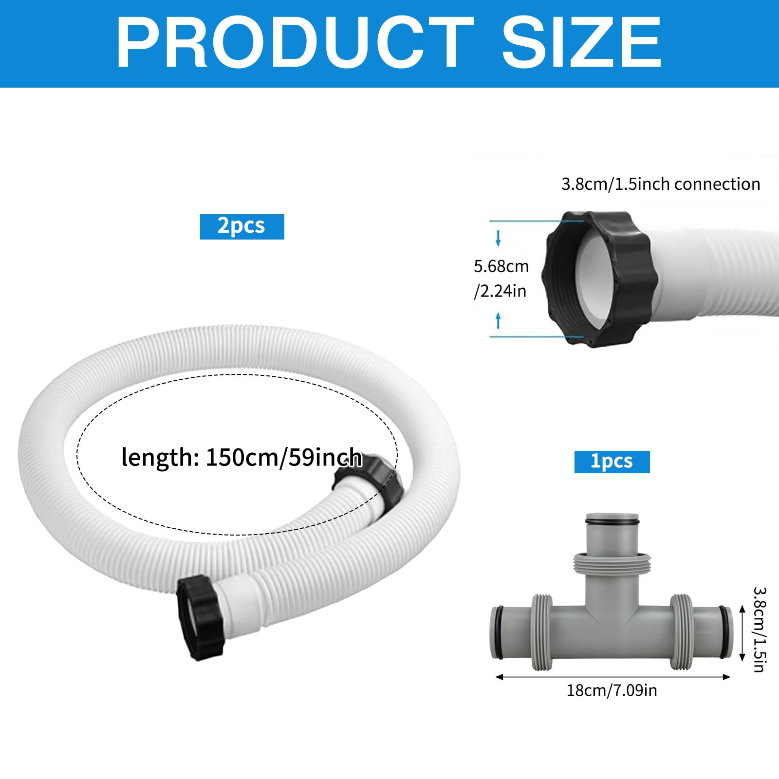 Poolschlauch 38mm,2 Stück Schlauch für Poolpumpe 150cm,Schwimmbadschlauch,mit 3 Wege Schlauchverbinder,Poolpumpenschlauch,für Poolpumpe Filterpumpe Schwimmbad