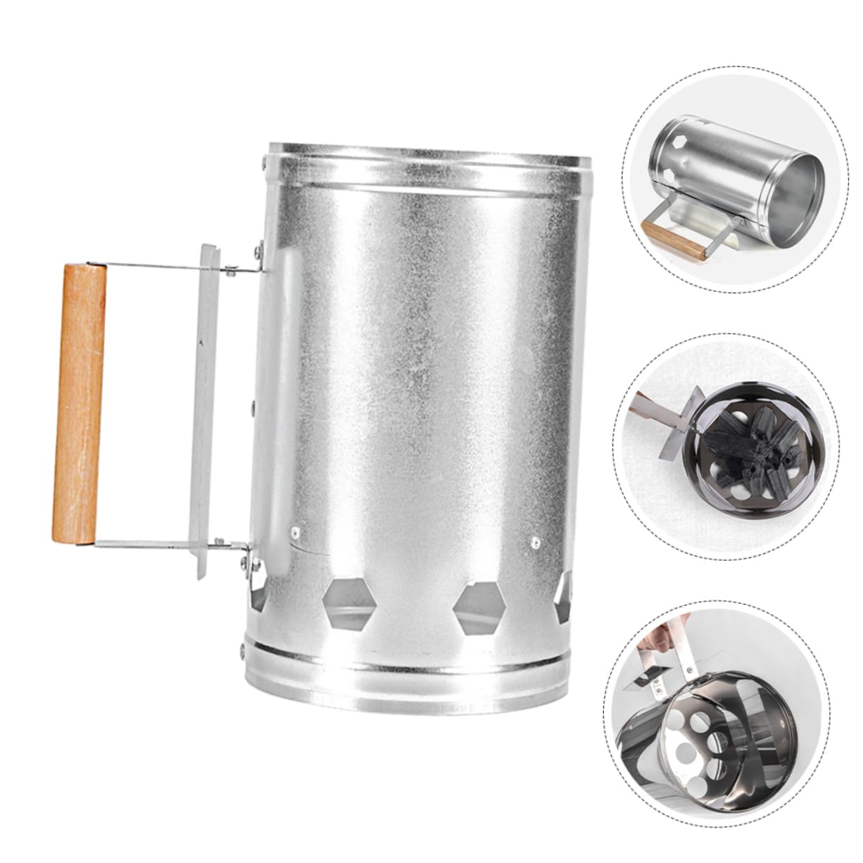 VANZACK Encendedor de Carbón con Mango de Madera para Chimenea y Barbacoa | Color Plata, Metal y Madera, Ignición Rápida y Protección Térmica, Uso en Camping y Jardín