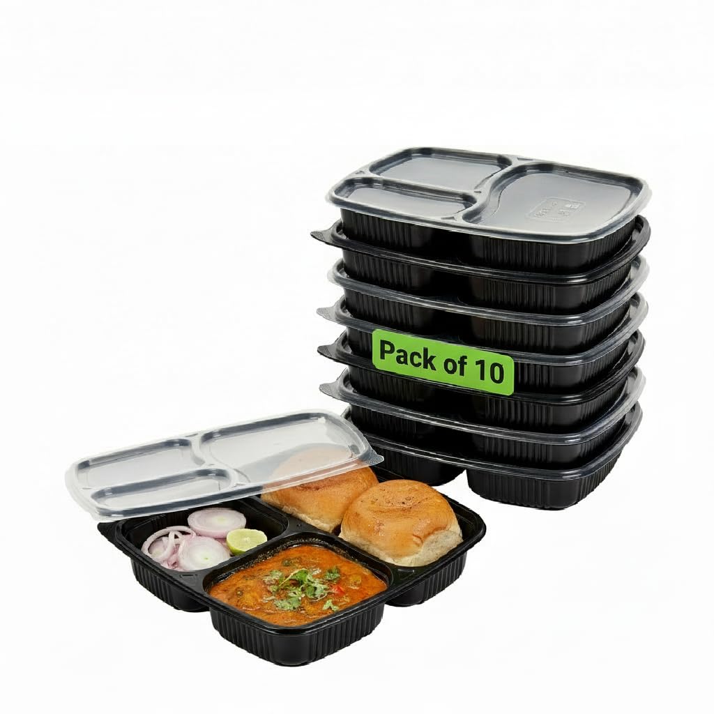 Meal Tray with lid Microwave Safe, Reusable Plates for Dinner, Lunch, Lunch Box Thali, Unbreakable, Made of 100% BPA Free Food Grade Virgin Plastic (Set of 10 Trays) (3 Compartments)-image-40