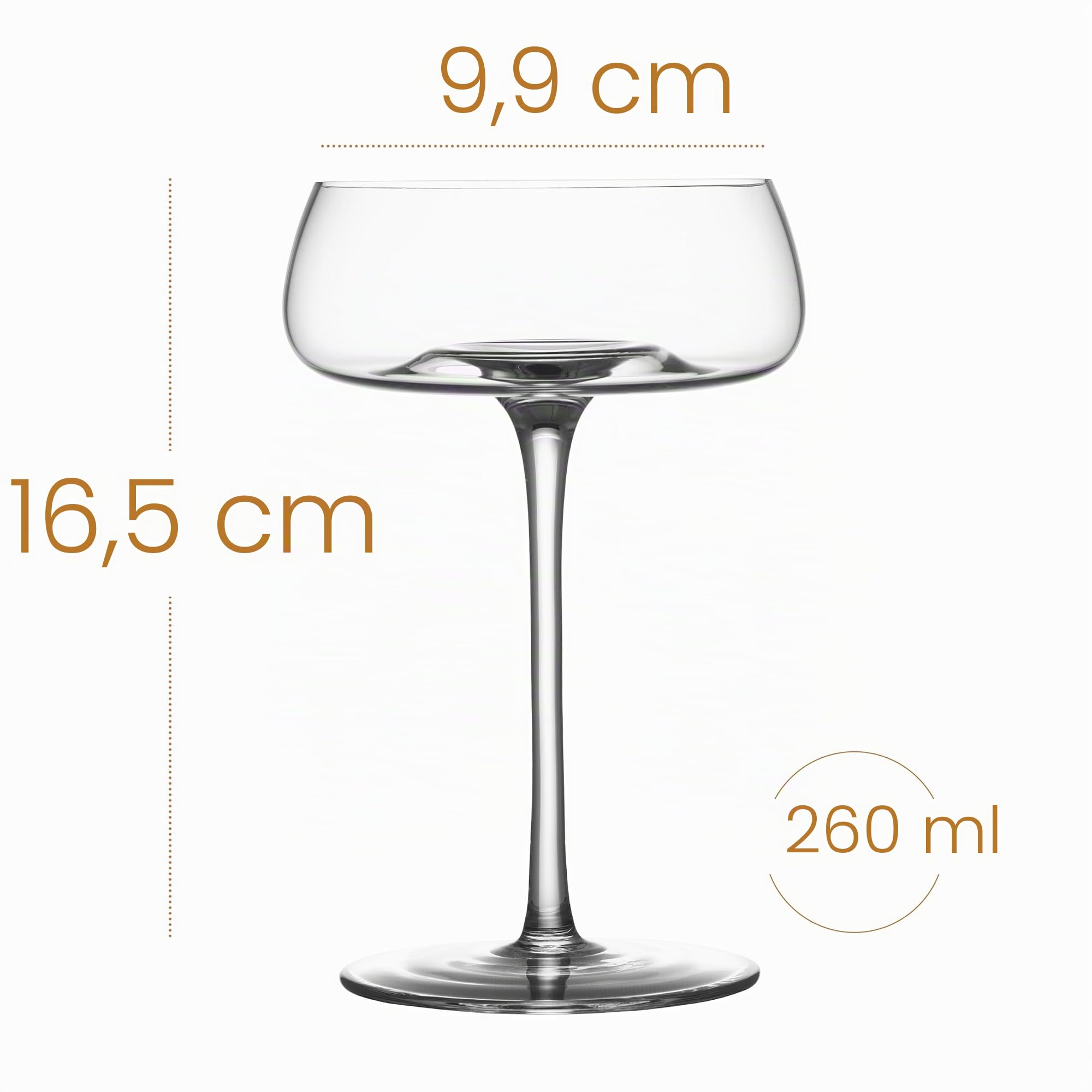 Copas Coupette de Cristal para Champán y Cóctel | Juego de 4 | 260 ml | Cristalería Cupé de Tallo Largo para Espresso Martini, Manhattan, Cosmopolitan, Daiquiri | Platillos Elegantes