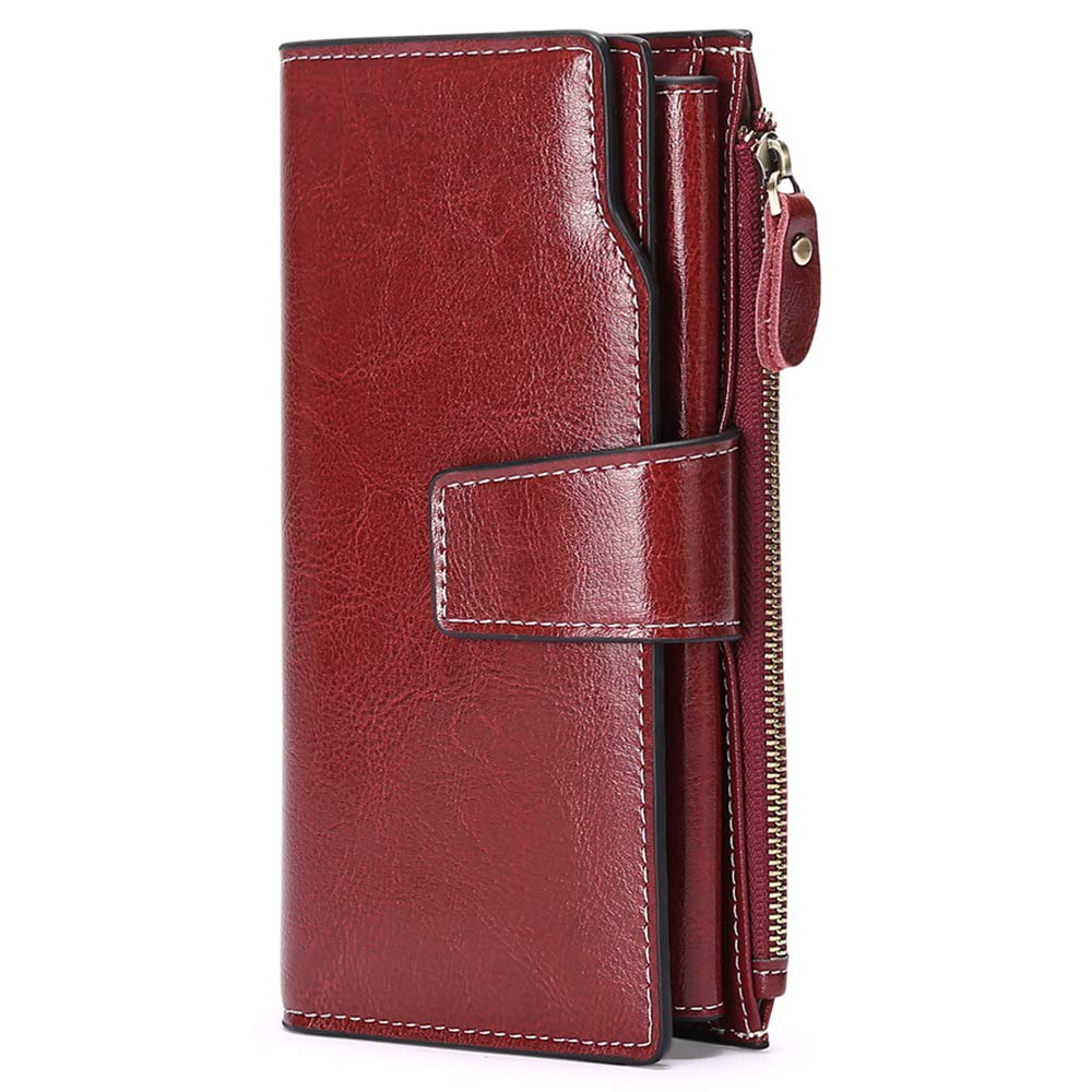 GenericLong Women Leather Wallet Clutch RFID Blocking Clutch Card Holder Ladies Purse Zipper Pocket with Gift Box (Red)
