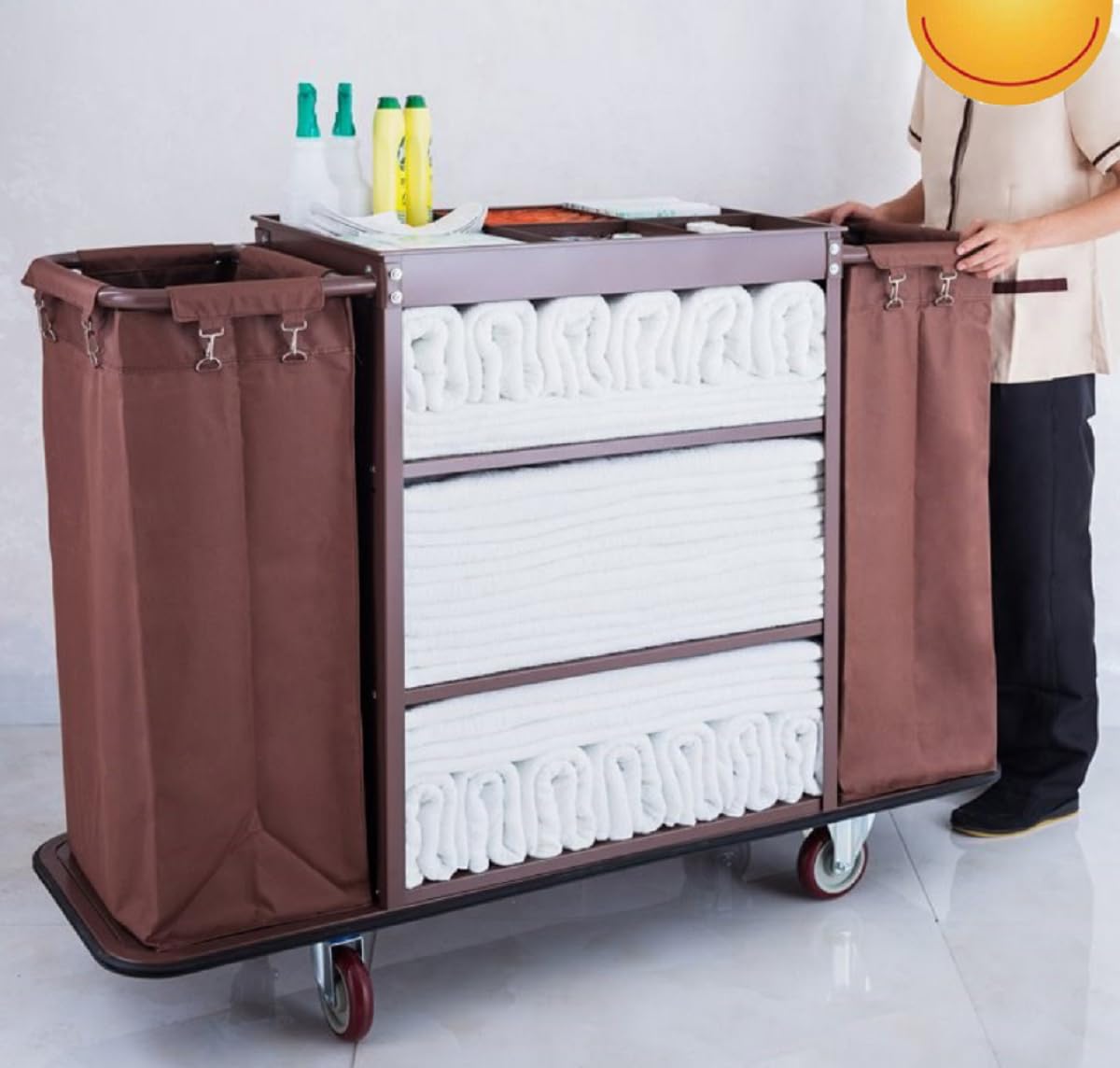 Carrello multiuso per la pulizia con sacchetti di tela rimovibili, ruote di bloccaggio, ideale per hotel e appartamenti, versatile carrello multiuso per una pulizia efficiente