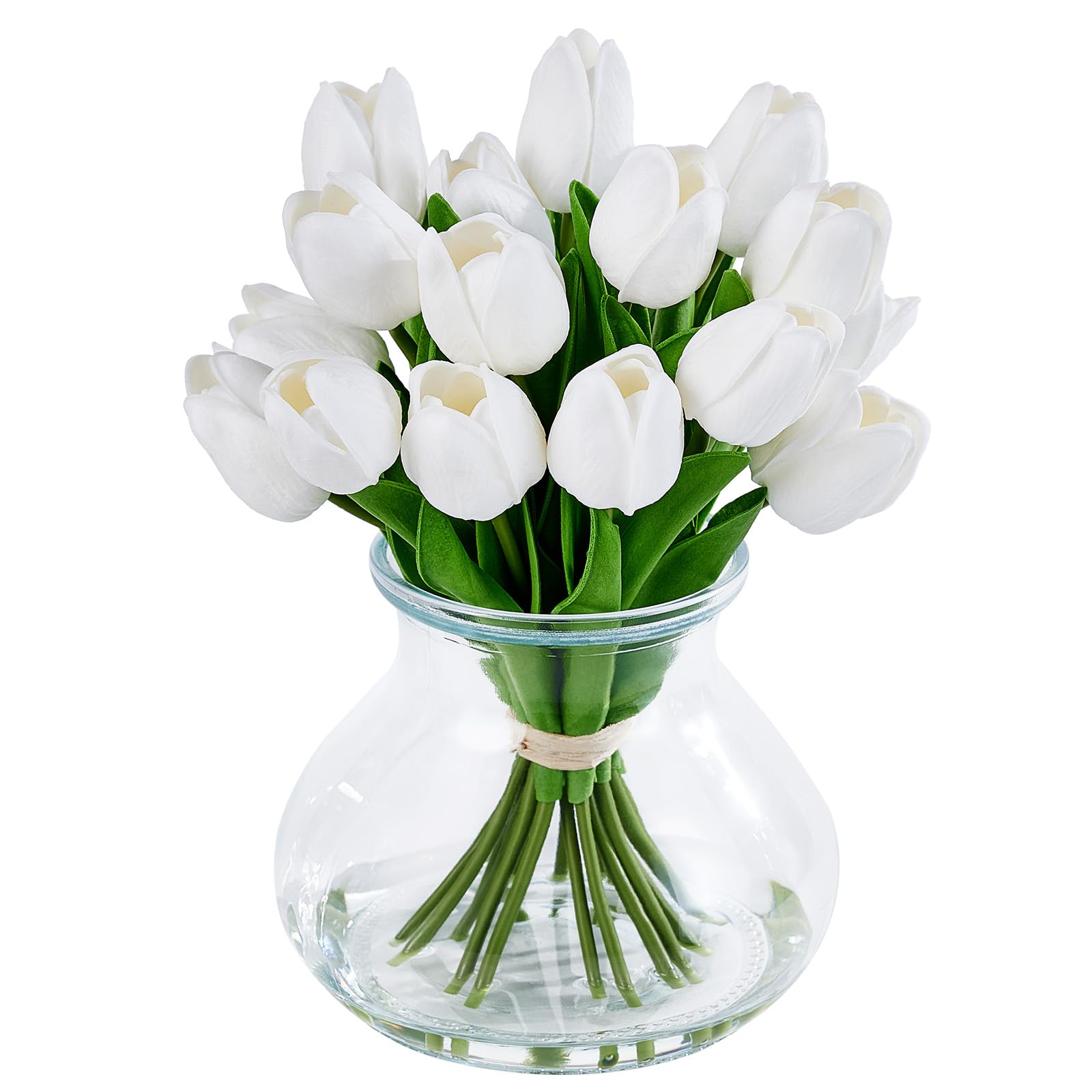 VeriNatural Artificial Tulips in Glass Vase 26cm, White Faux Flowers