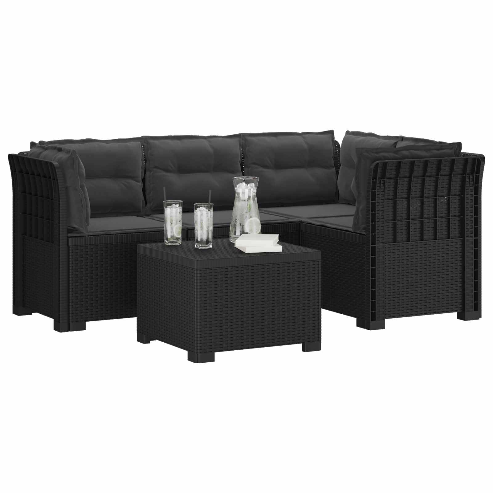 4-osobowa sofa ogrodowa z poduszką, antracytowa, odporna na warunki atmosferyczne, materiał PP, wygląd rattanu, modułowy zestaw mebli do siedzenia na taras, balkon, werandę, relaks i relaks