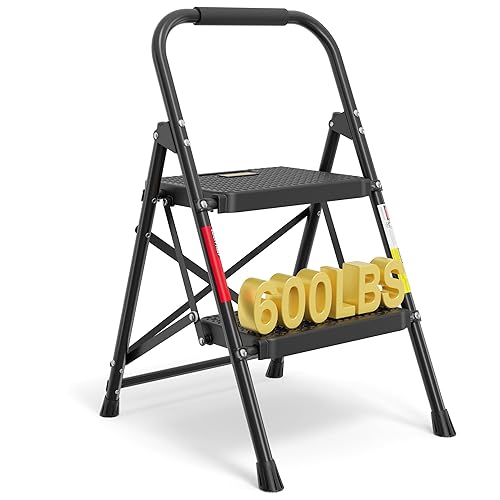 BONTEC 2-Step Ladder, Folding Step Stool, 600lbs Max Load Capacity,