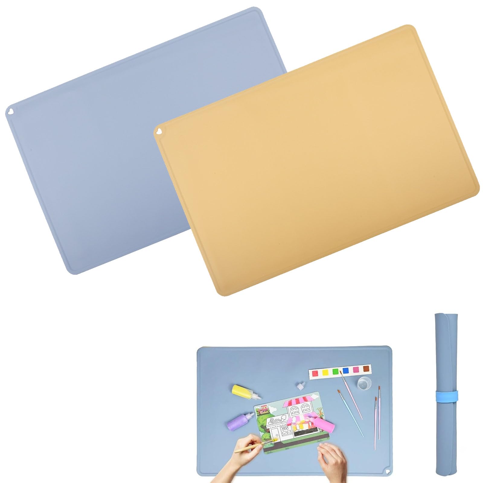 2 Stück Malunterlage für Kinder 60x40cm, Silikon Bastelunterlage Groß A2 Silikon Malunterlage mit Absorptionsclip Wiederverwendbare Malmatte Blatt Matte für Malen, Harz, Sand Art, Antihaft Waschbar