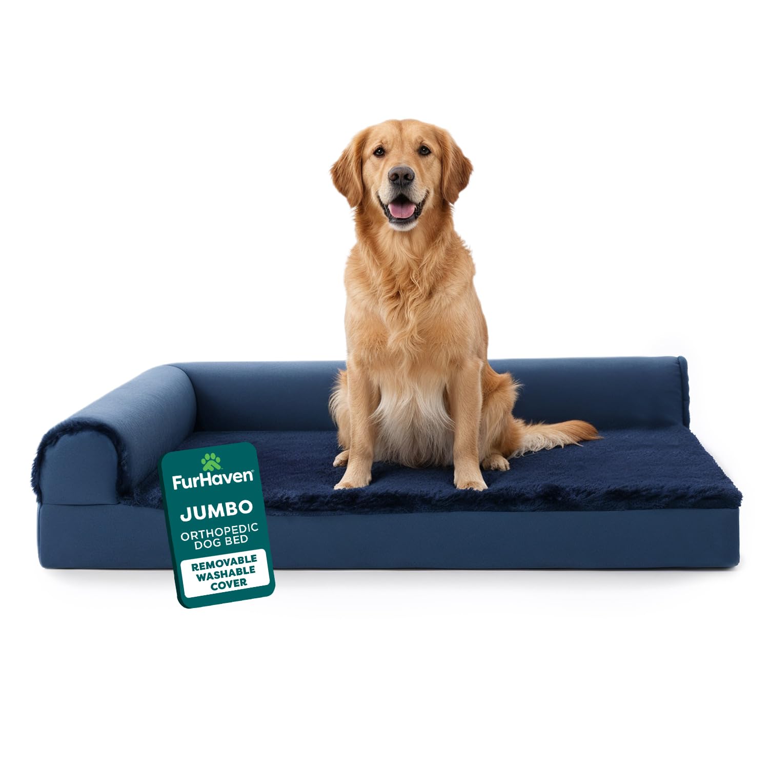 Furhaven Orthopedic Dog Bed for Large Dogs w/ Removable Bolsters & Washable Cover, For Dogs Up to 95 lbs - Plush & Velvet L Shaped Chaise - Deep