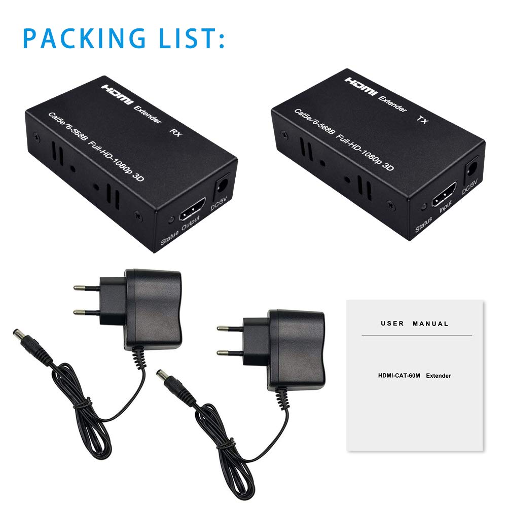 HDMI Extender Transmitter Extensions 60M Cat 6/5E Receiver Supporta Full HD 1080P 3D HDCP EDID Hdmi Estensori per TV DVD Laptop PC Sky（Trasmettitore+UTP+RJ45+Ricevitore）