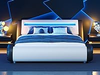 Vista 27 de WEEWAY Moderno marco de cama matrimonial con cabecera de luces LED RGBW, diseño de trineo tapizado de perfil bajo, soporte de listones de madera