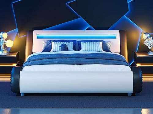 Miniatura 17 de WEEWAY Base de cama moderna tamaño Queen con cabecera de luces LED RGBW, diseño de trineo tapizado de perfil bajo, soporte de listones de madera