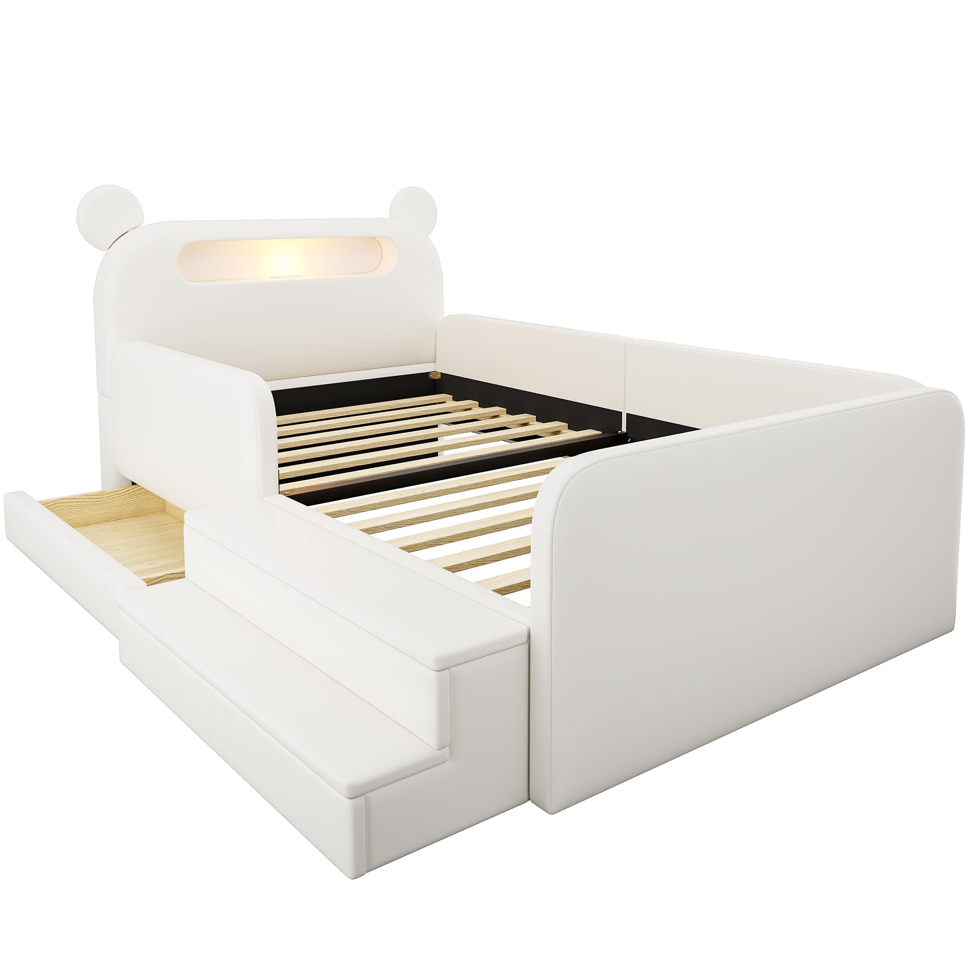 Letto imbottito per bambini con testiera d'orso, luce notturna, porta di ricarica USB, spazio integrato e sedile per gradini, sicuro e pratico, adatto per ragazzi e ragazze, rivestimento in similpelle