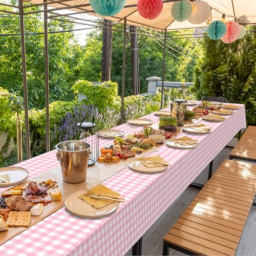 Image of 12Pack Pink and White Plastic Checkered Tablecloth, Premium Decorative Disposable Pink Gingham Plaid Table Cloths for Parties, Rectangle Party Table Cover for Picnic Farm Birthday Wedding, 54x108 Inch