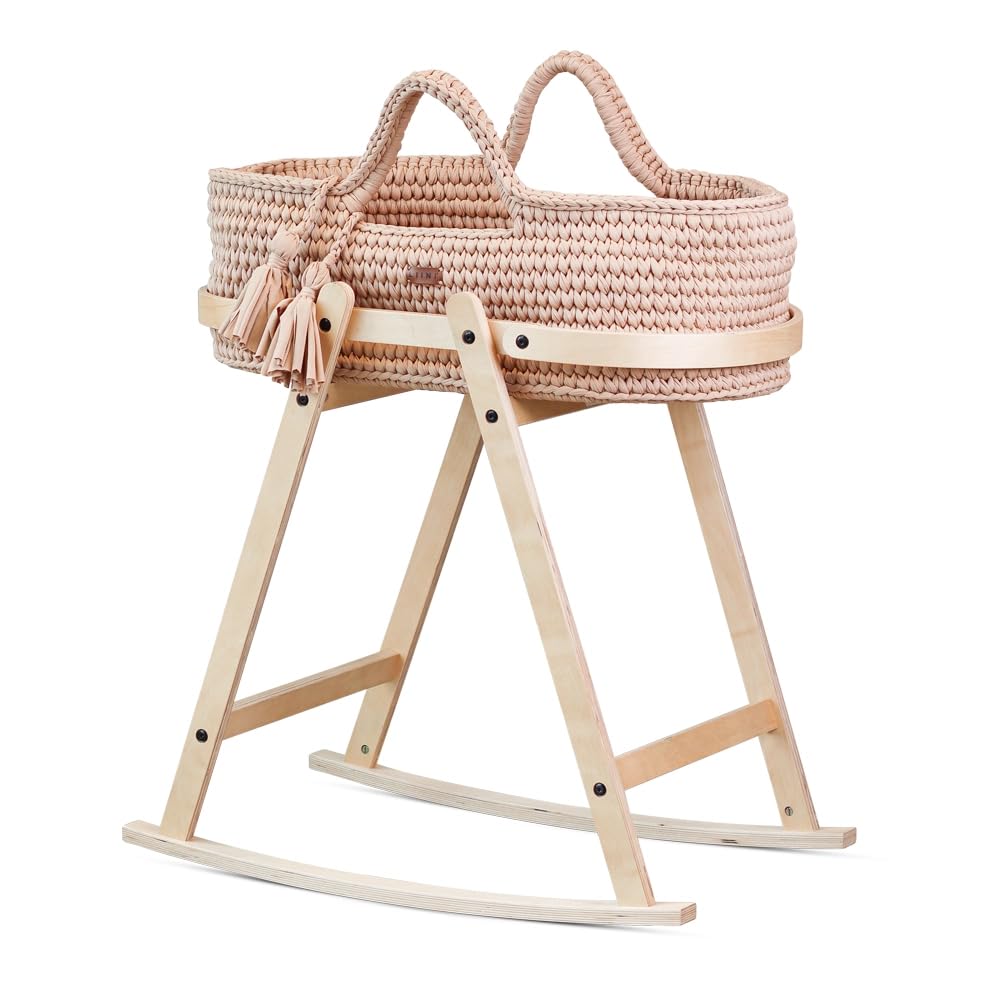 LIINI® Culla per Bambini con Cestino Mosè (Moka) – dolce movimento cullante, lavorato a maglia a mano, struttura in legno sostenibile, inclusa materassino e sacchetto – dalla nascita fino a 9 kg – EN