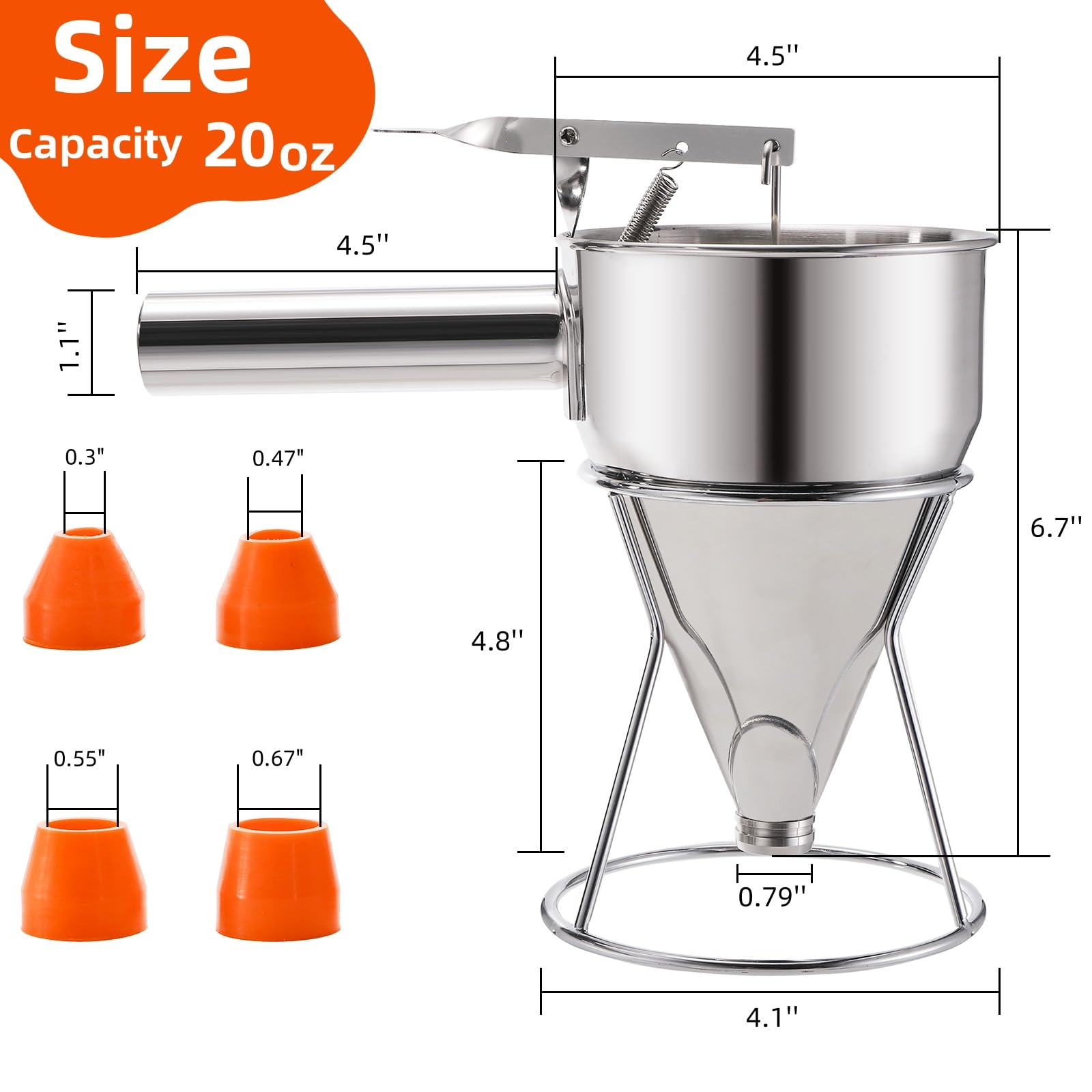 WRINGKIT Dispensador de masa de panqueques de acero inoxidable de 20 onzas, dispensador de pasteles con mango de soporte, vertedor de panqueques de calibre múltiple para cupcakes, donas, gofres o