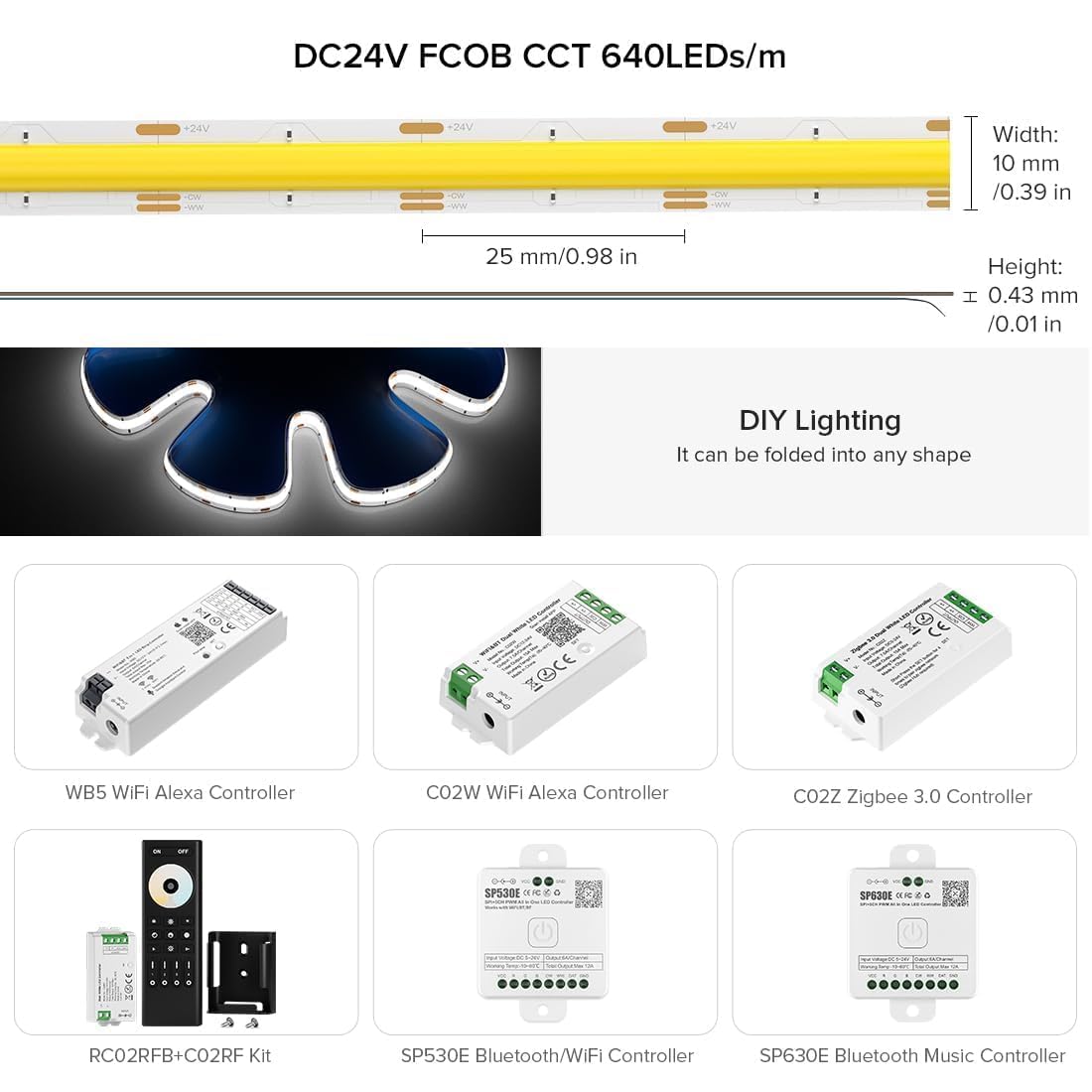 BTF-LIGHTING FCOB COB CCT Tira LED Flexible Alta Densidad 5M 640LEDs/m DC24V 14W/M IP65 Regulable Sintonizable 3000K-6000K CRI＞90 para Decoración de Interiores(No contiene Alimentación＆Controlador)