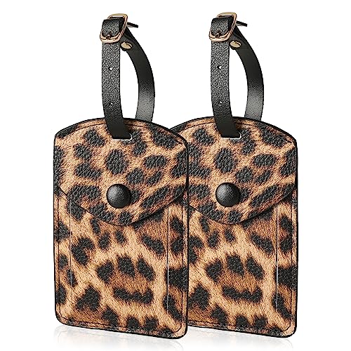 Kevancho Leather Luggage Tags for Men Women, Suitcase Labels Baggage Bag Tag ID Tags with Full Back Privacy Cover for Cruise Ships, Travel Accessories Tags Set (Leopard)