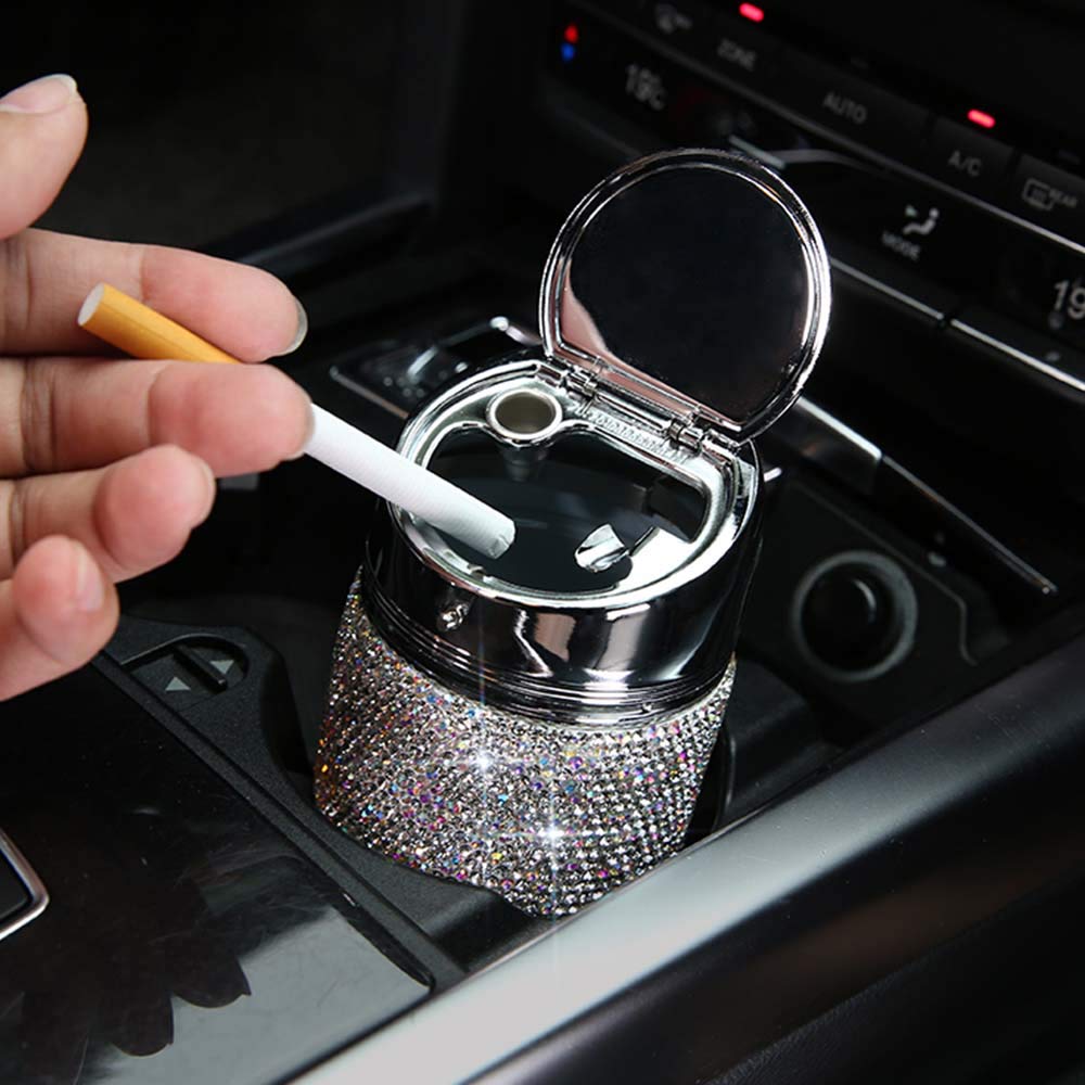 Luxury Crystal Car Ashtray,Portable Cup Holder Rhinestone Auto Ashtrays for Women & Girls,Bling Diamond Car Decoration Accessories for Car/Home/Office (AB Diamond)