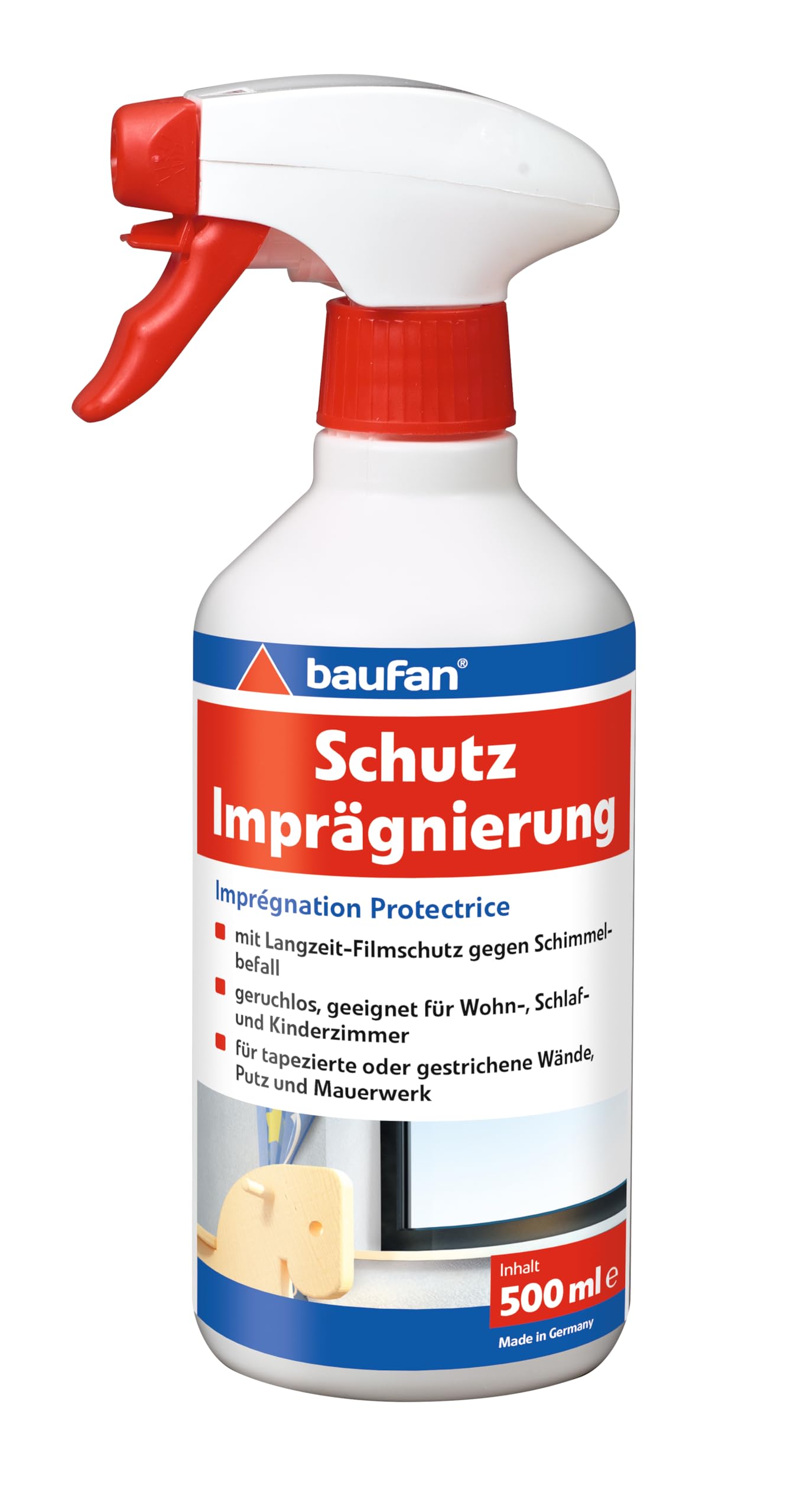 Baufan Impregnacja ochronna z ochroną przed pleśnią 500 ml – bezzapachowy i przezroczysty spray impregnujący do tapetowanych i malowanych ścian i murów