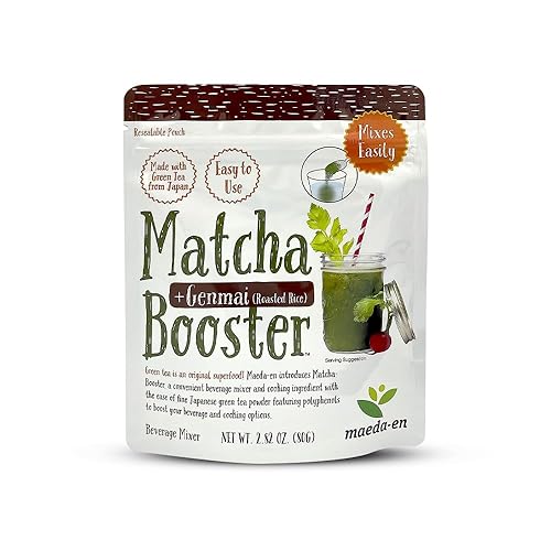 MAEDA-EN Matcha Booster Genmai - Polvo de té verde de arroz asado de 2.82 oz de origen japonés, bolsa resellable para batidos con leche y hornear, 1