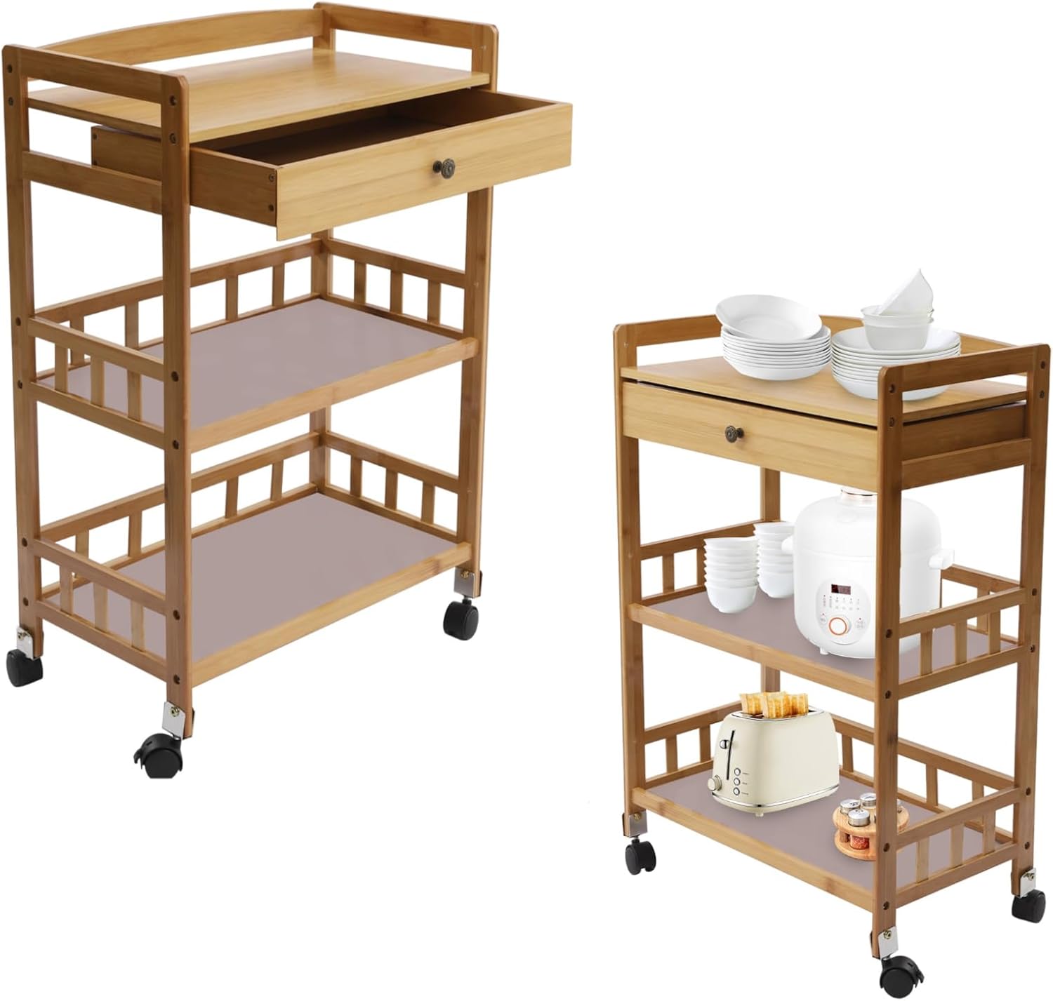 Portable Kitchen Island on Wheels, 3-Tier Bamboo Kitchen Serving Cart 165lbs Bearing Coffee Cart Station Tea Cart with Drawer