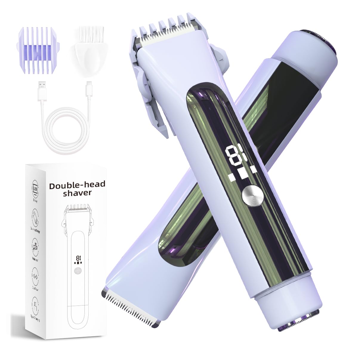 2-in-1 Electric Shaver and Bikini Trimmer for Women, IPX7 Waterproof, Portable Rechargeable Hair Remover with LED Display for Bikini Line, Face, and Underarm
