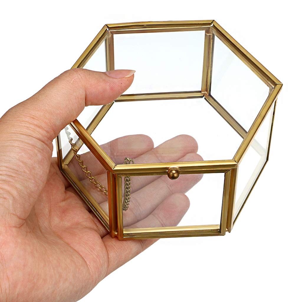 Scatola Portagioie In Vetro Esagonale Con Coperchio Dorato, Portagioie Geometrico, Per Anelli, Orecchini E Collane, Regalo Elegante