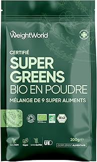 Super Green Poudre Bio 200g 40 Portions 9 Superfood Greens, Poudre de Maca, Guarana, Matcha Bio, Chlorella Chlorophylle, Baobab, Herbe de Blé, Acai, Orge, Lin, Source de Vitamines & Minéraux