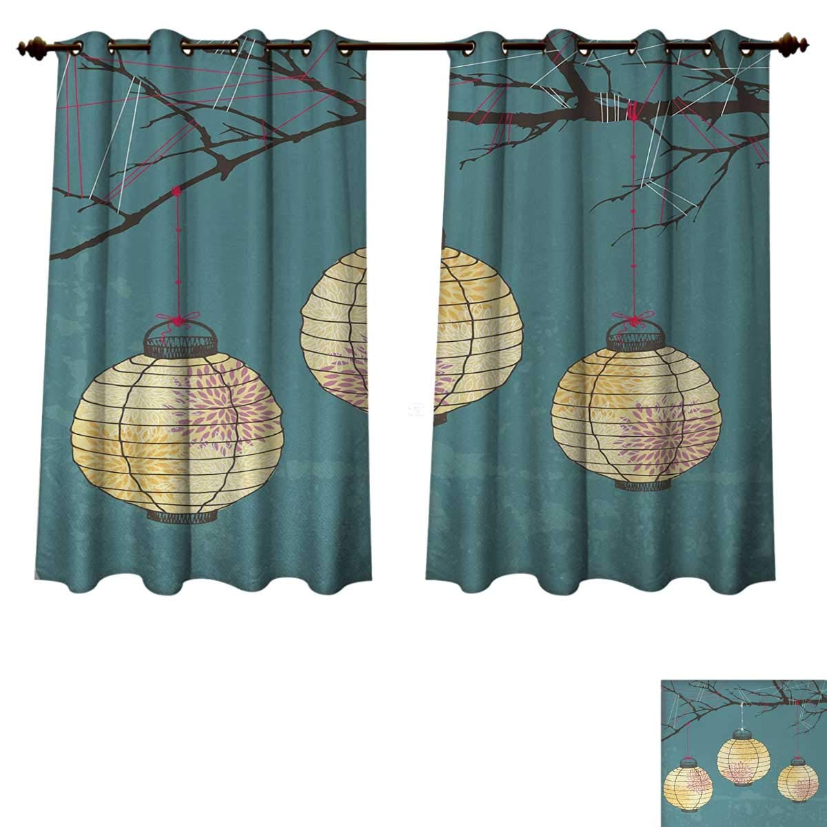 Anzhouqux Lantern Blackout Thermal Curtain Panel Three Paper Lanterns Hanging on Branches Lighting Fixture Source Lamp Boho Patterned Drape for Glass Door Teal Light Yellow W63 x L63 inch