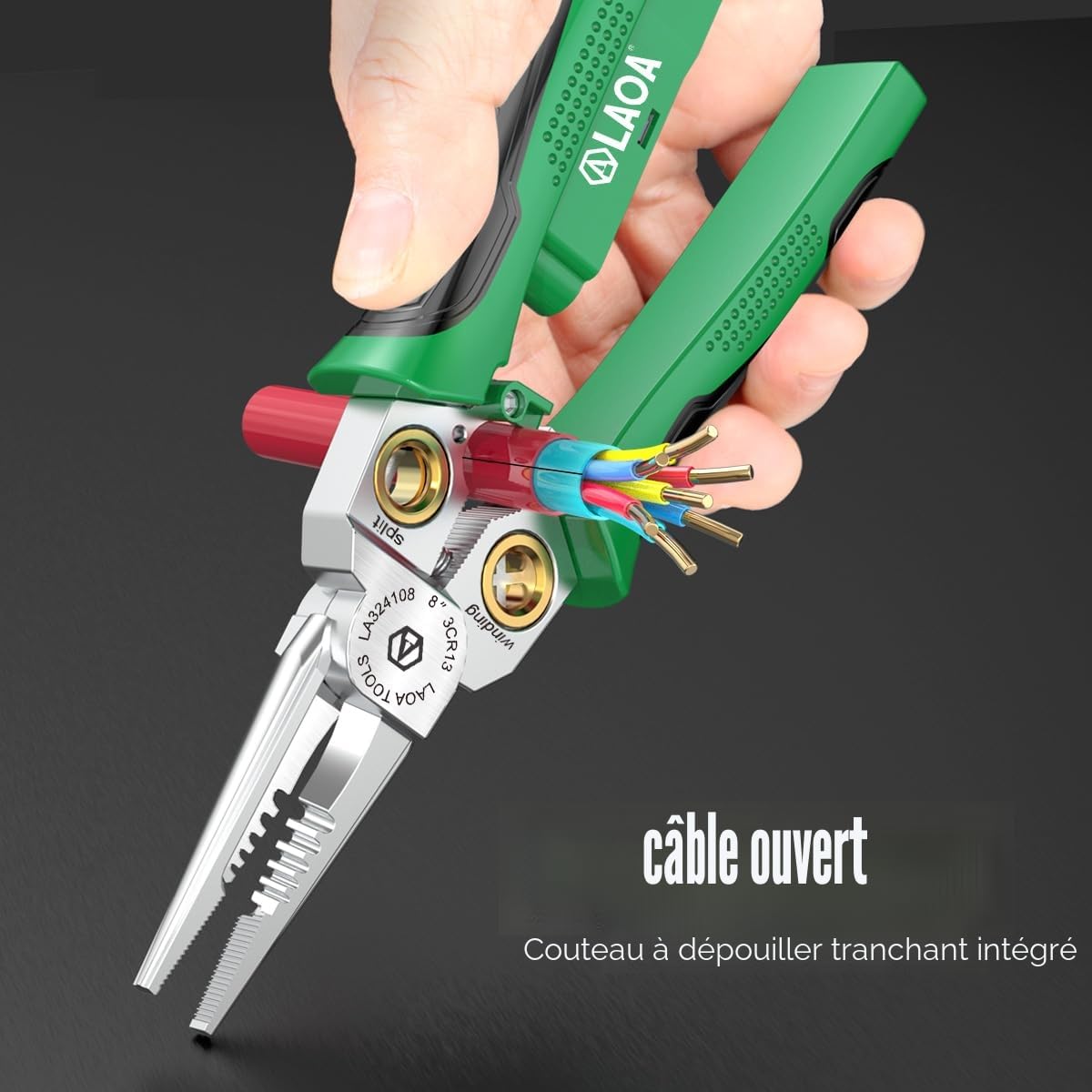 LAOA Strippeuse de fil avec fonction de mesure de l'électricité, piqûre de décapage de fil 8 en 1 pour les fils de coupe et de tirage, ciseaux de câble pour gratter et appuyer des fils (LA324108)