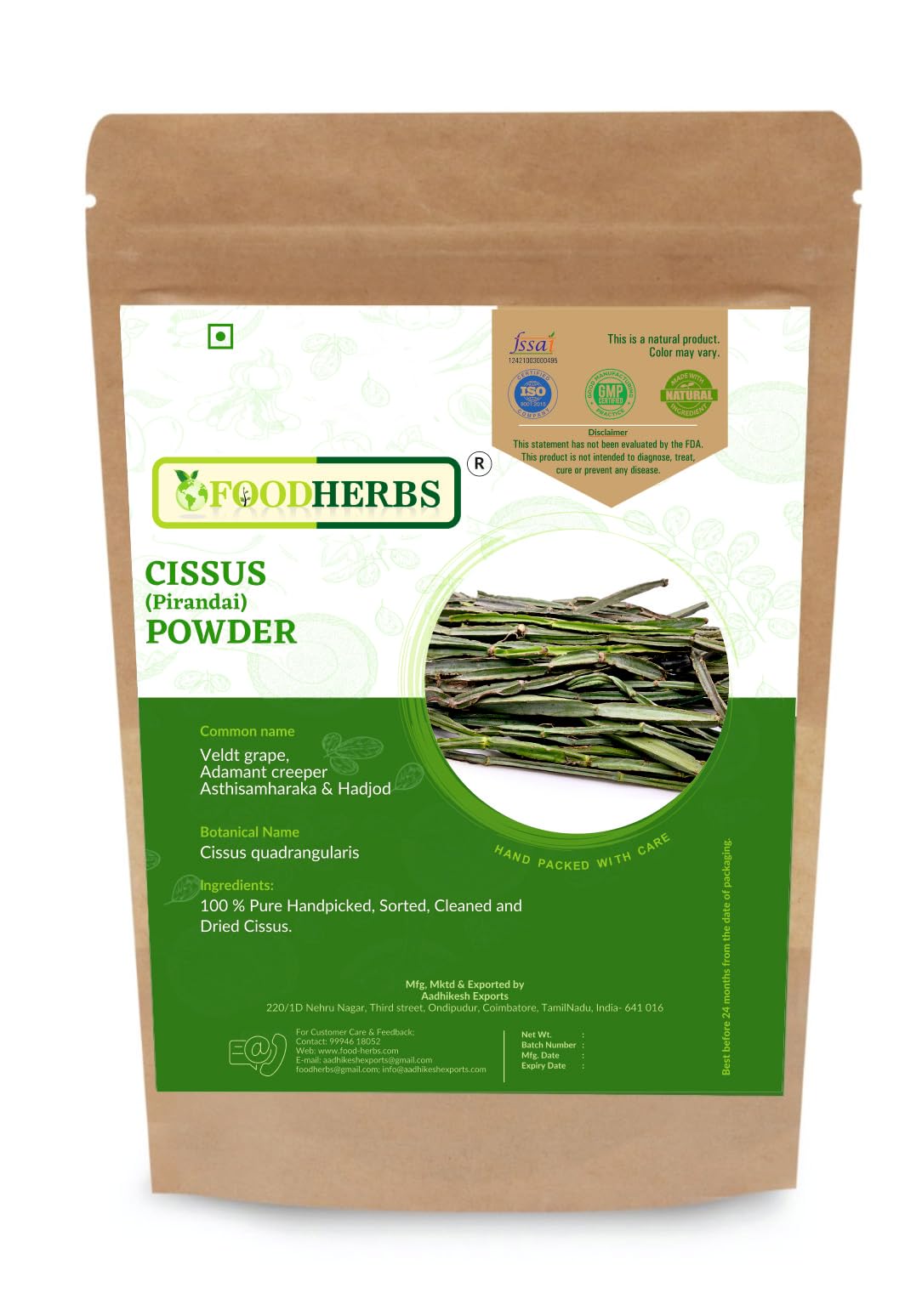 Foodherbs Cissus Quadrangularis Powder | 200 GMS / 0.44 Lbs | for Bone Wellness | Hadjod | Pirandai | Veldt Grape | Adamant Creeper