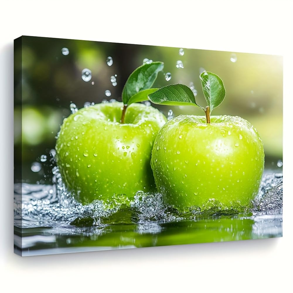 LSYALUCK Green Apple Splash in Water Canvas Wall Art Large Glossy Apple Painting with Water Droplets for Living Room Office Decor(50x70cm(20x28in)/InnerFrame)
