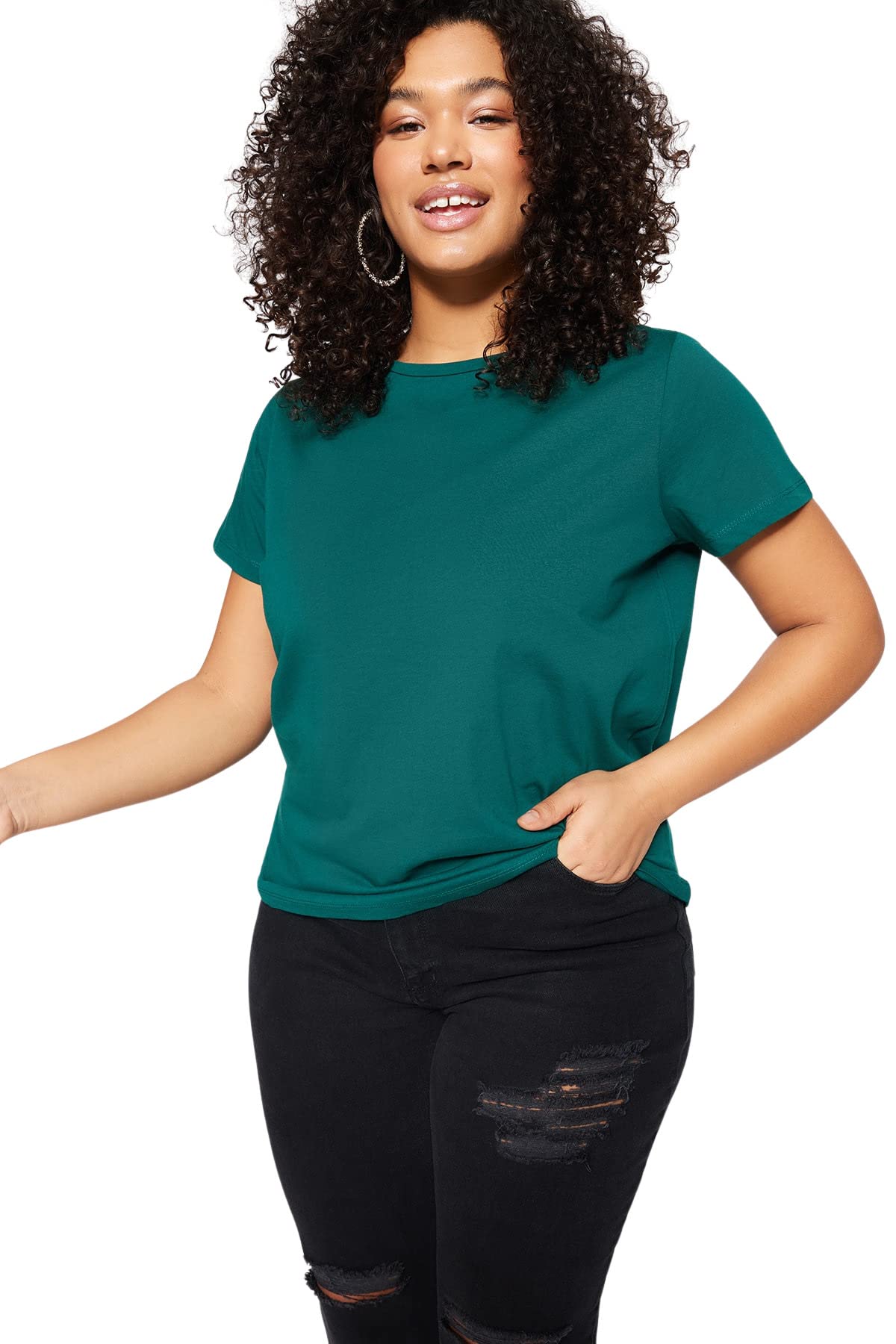 Trendyol Women Plus Size Regular fit Basic Crew Neck Knitted Plus Size T-Shirt Emerald