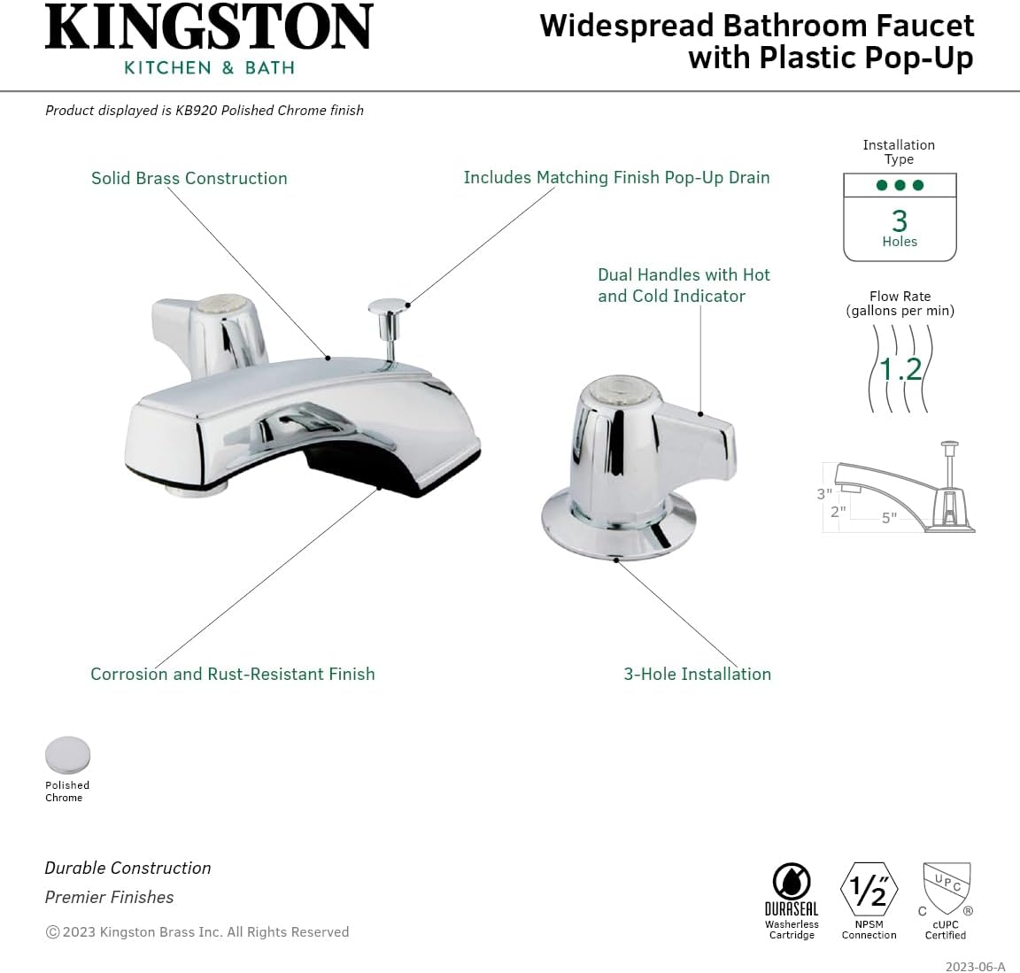 Kingston Brass KB920 Americana 8-Inch Widespread Lavatory Faucet Twin Brass Canopy Handles with Non-Metallic Pop-Up, Polished Chrome