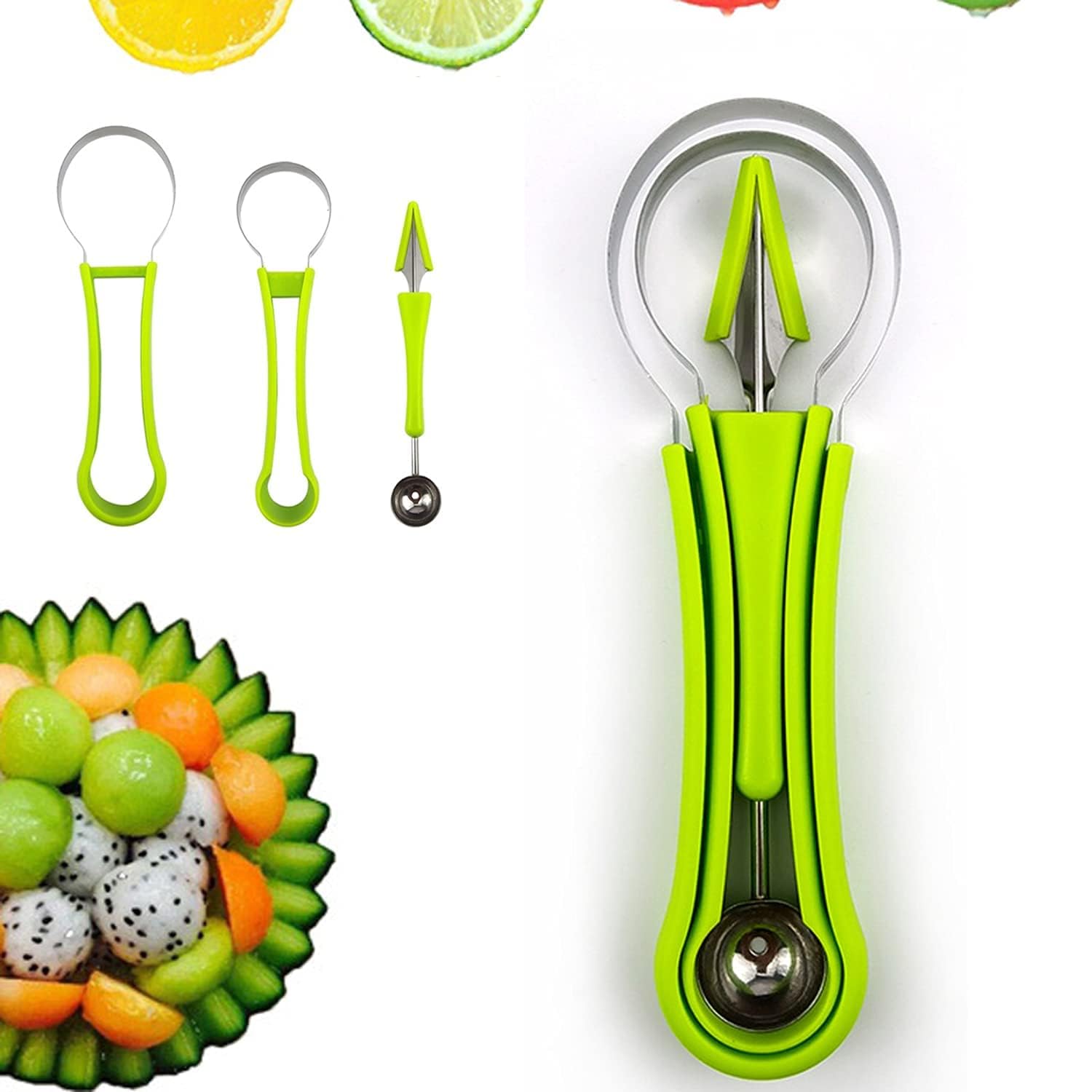 SUNNIFA Melon Baller Scoop Set, Professional 4 in 1 Stainless Steel Watermelon Cutter Fruit Carving Tools Set,Fruit Scooper Seed Remover Watermelon Knife for Dig Pulp Separator (4 in 1 Scoop)