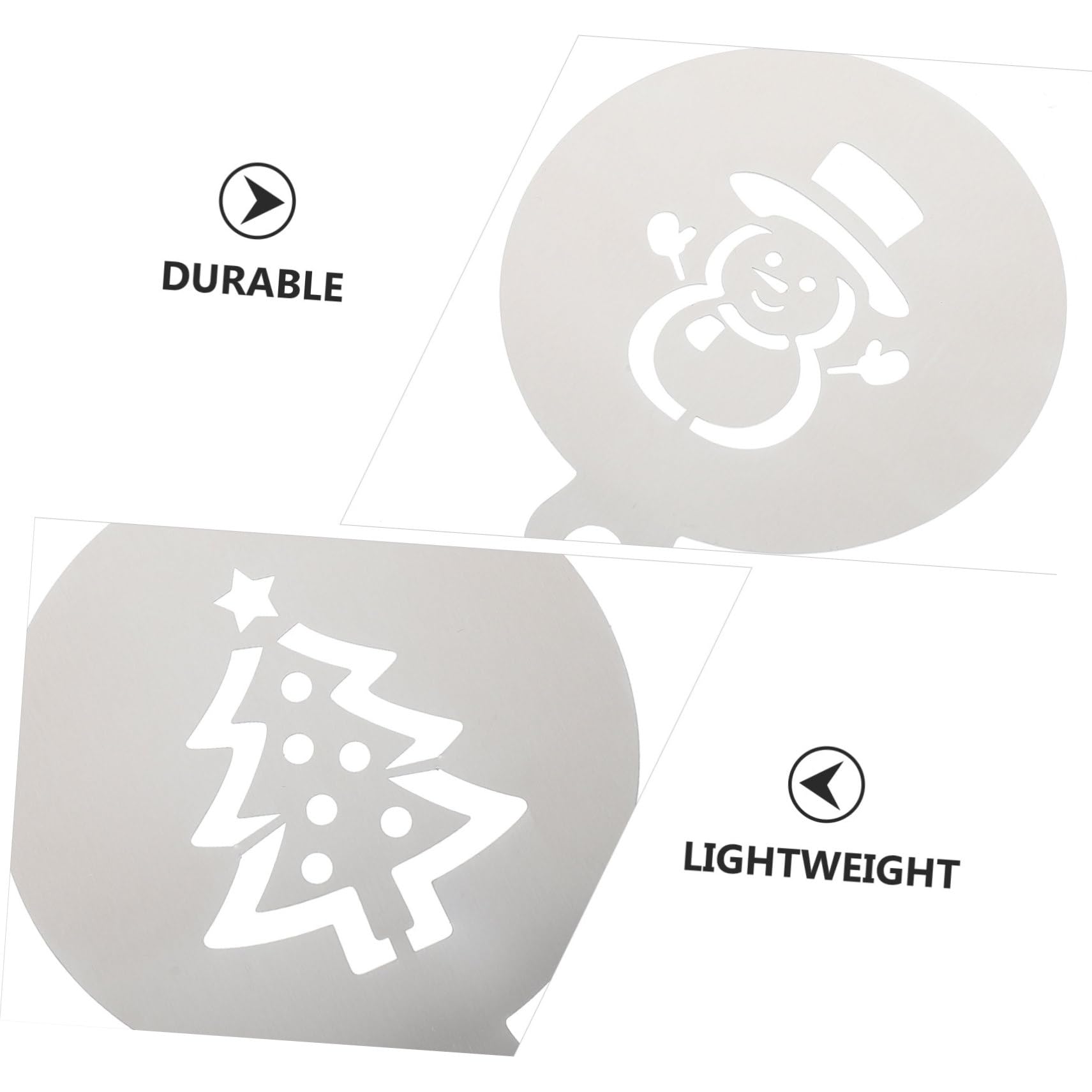 VICASKY 4pcs Christmas Cake and Coffee Decorating Stencils Gingerbread Man Snowflake Snowman Christmas Tree Powder Sugar Templates for Home Baking and Crafting