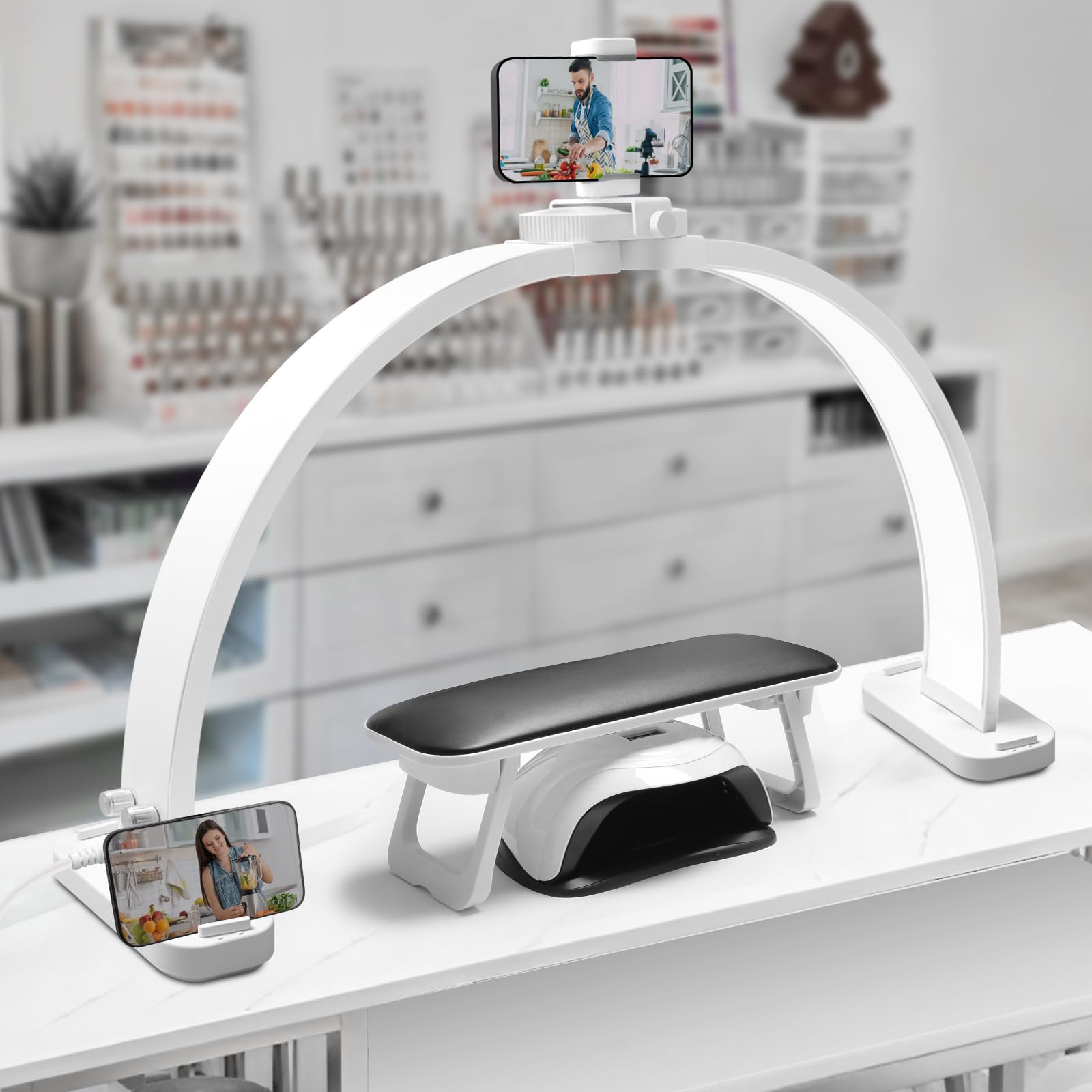 CGBE Half Moon Light for Nail Desk: Extra Large 30.7" Nail Desk Light with Phone Holder - 3 Color Modes & 10 Brightness for Nails, Beauty, Eyelashes, Tattoos - White