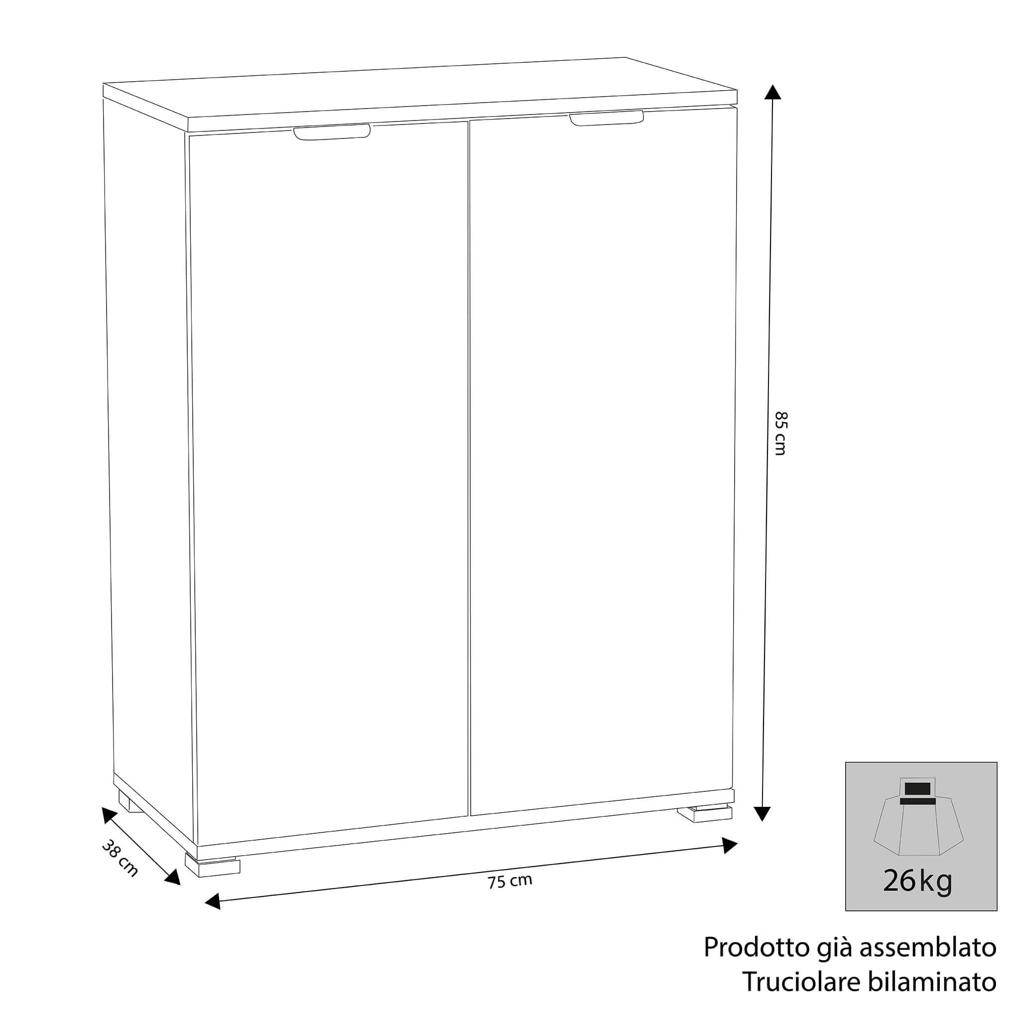 milani home - armadietto 2 ante 75 x 38 x 85 cm, bianco, truciolare bilaminato, mobile contenitore bagno cucina soggiorno