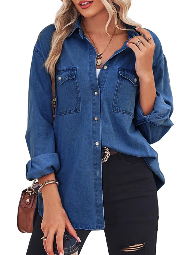 Chemise Jean Femme Manches Longues Blouson Veste Jeans Légèr avec Boutons Printemps Automne