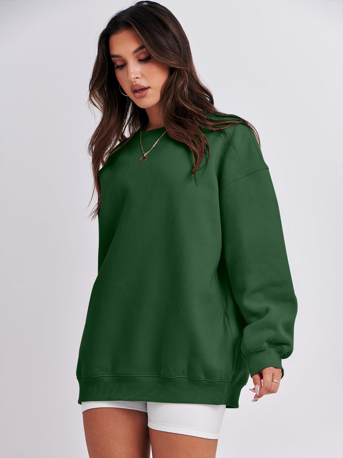 Damskie bluzy oversize bluzy z kapturem polar okrągły dekolt sweter top codzienne jesienne stroje preppy ubrania nastolatki 2024 A1019 światło, Jeden kolor, Deep Green_X-Small