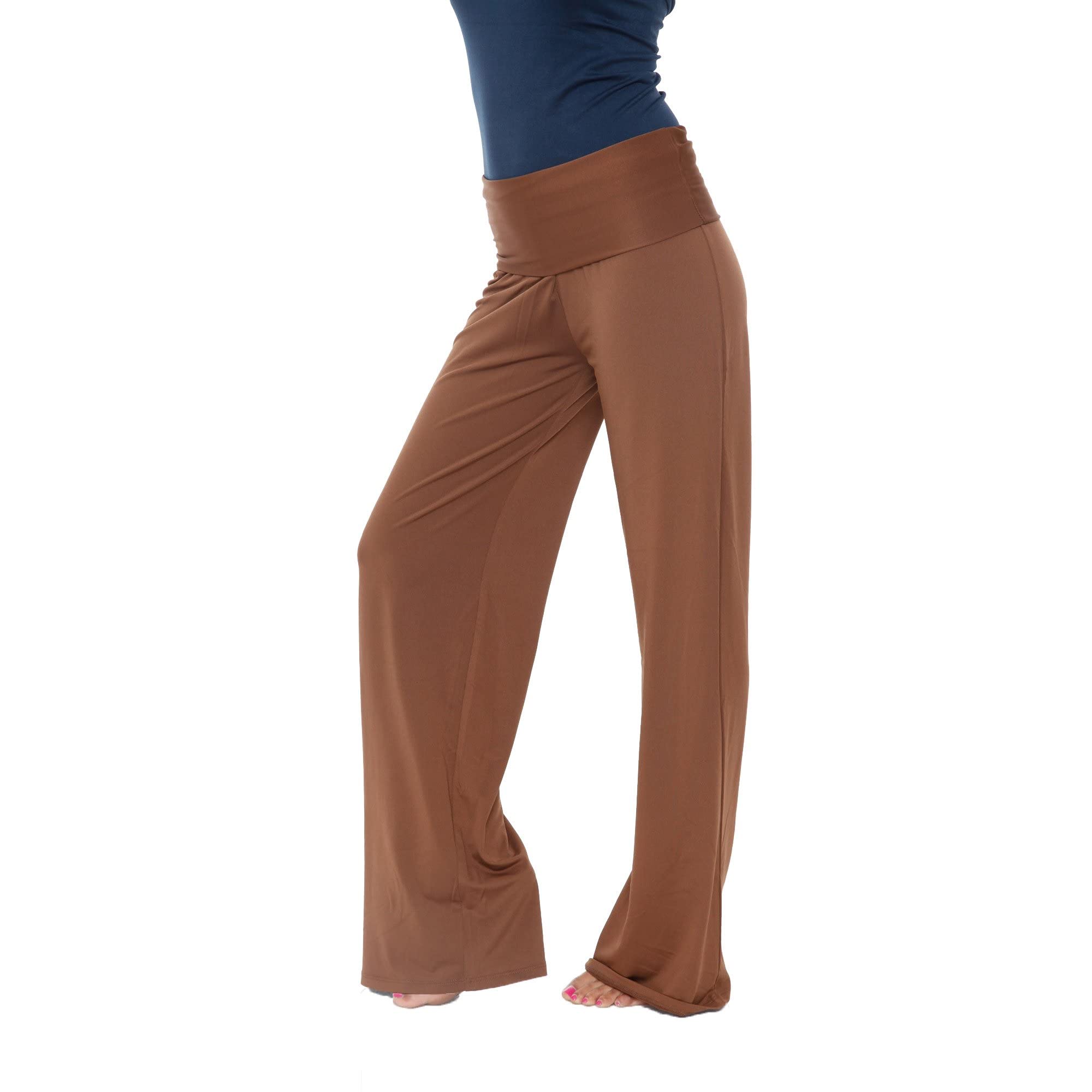 white mark Womens Super Soft Wideleg Lounge Solid High Waist Stretch Palazzo Pants Brown