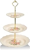 Vista 17 de SWEEJAR - Soporte de cerámica de 3 niveles para repostería, bodas, fiesta del té, charola para postres como cupcakes y pasteles
