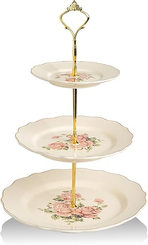 Miniatura 17 de SWEEJAR - Soporte de cerámica de 3 niveles para repostería, bodas, fiesta del té, charola para postres como cupcakes y pasteles