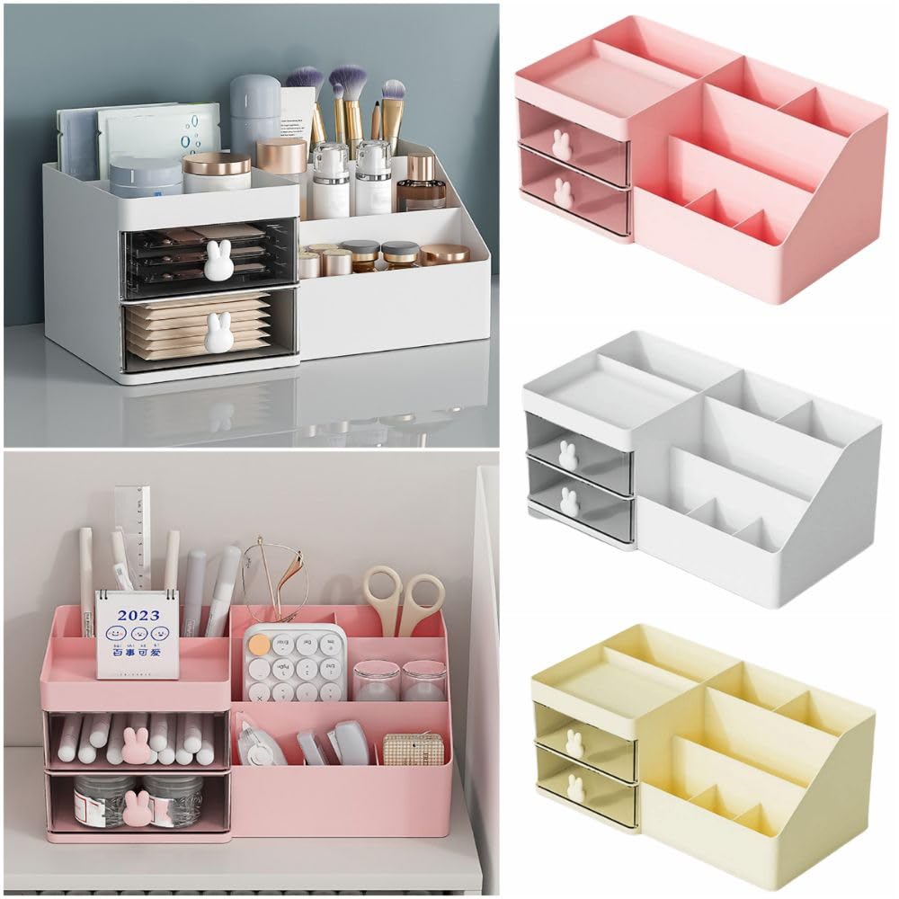 Organizador de escritorio de oficina con cajones, caja de almacenamiento de maquillaje y bolígrafo multicompartimento para tarjetas de visita, lápiz, teléfono móvil (rosa/blanco/amarillo